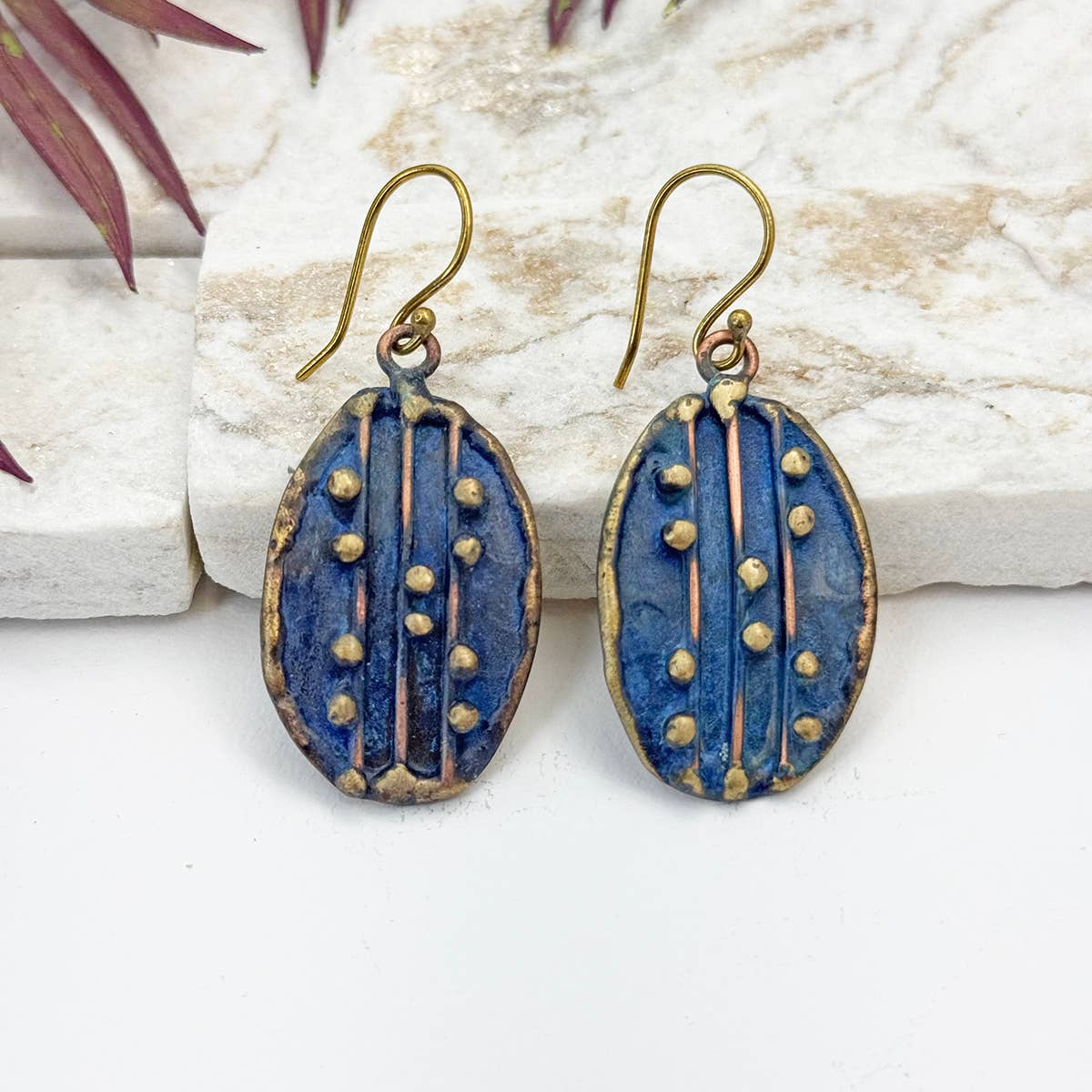 Handcrafted Navy Blue Dotted Line Brass Patina Earrings