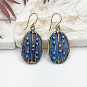 Handcrafted Navy Blue Dotted Line Brass Patina Earrings