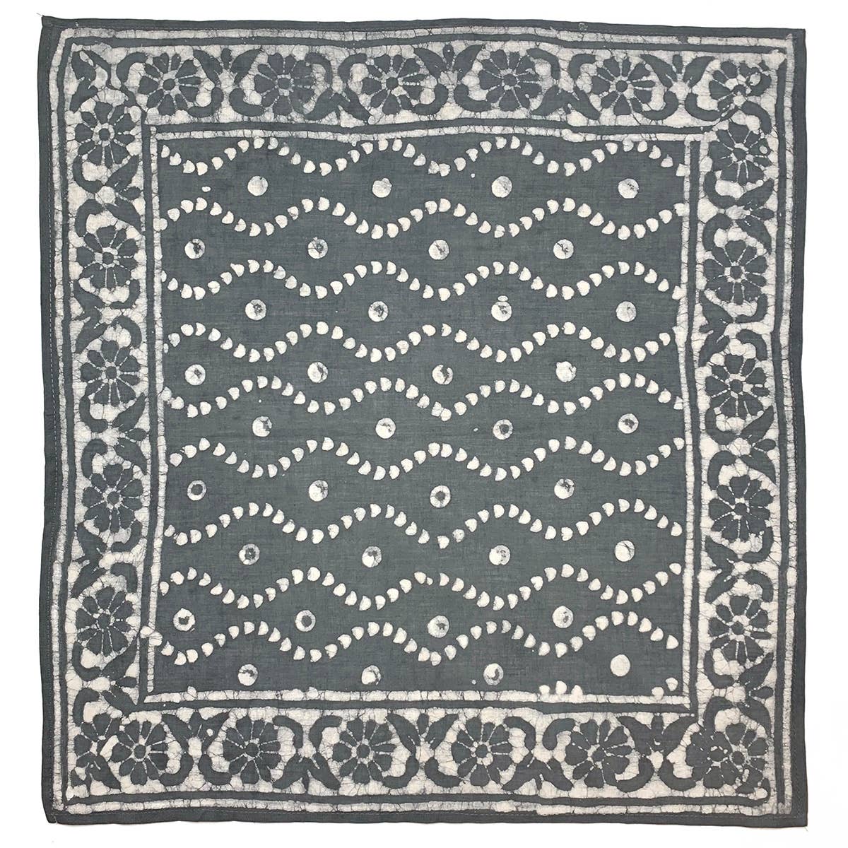 Block Printed Bandana - Gray Wavy Lines Floral Border