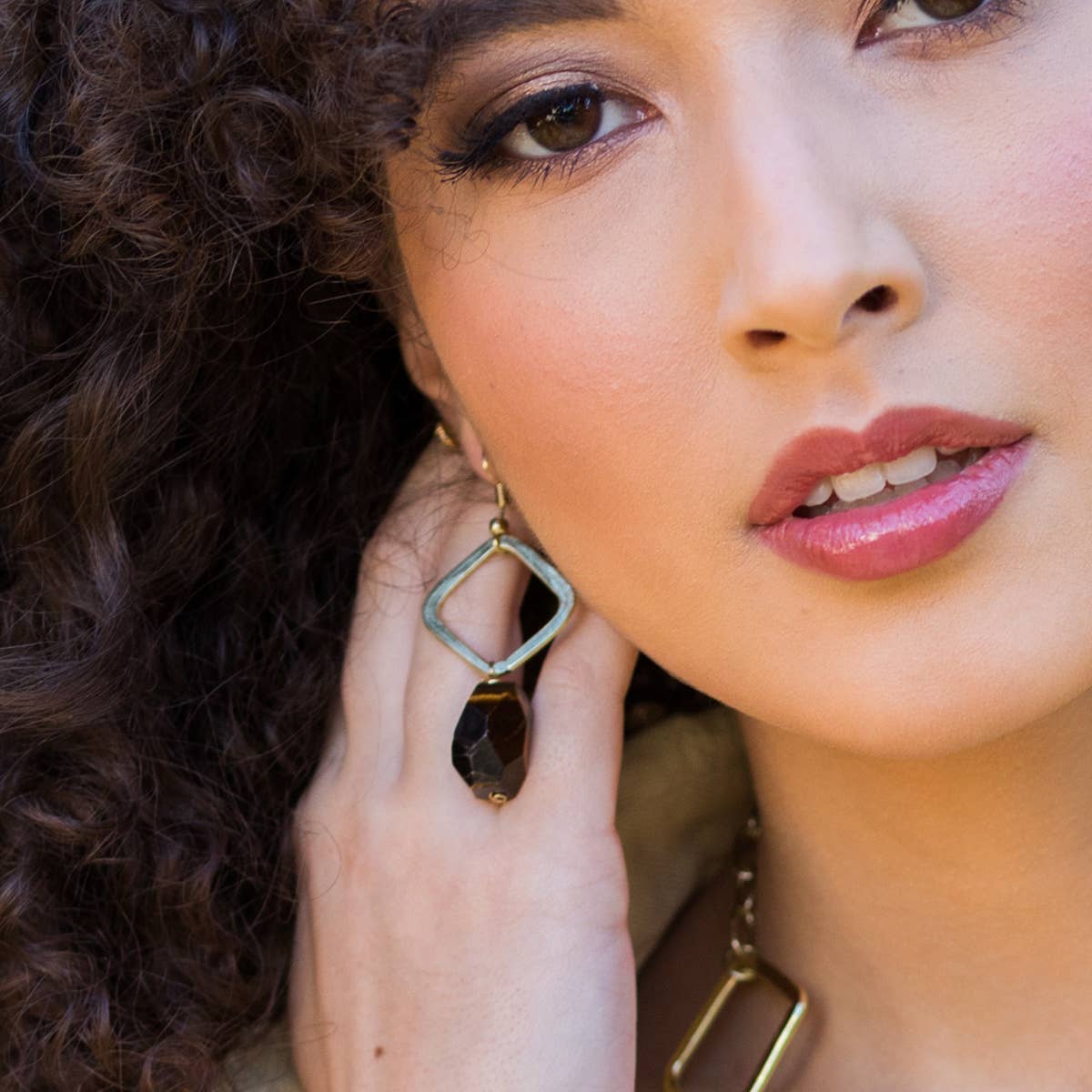 Gold Plated Semi-Precious Stone Long Earrings and Display