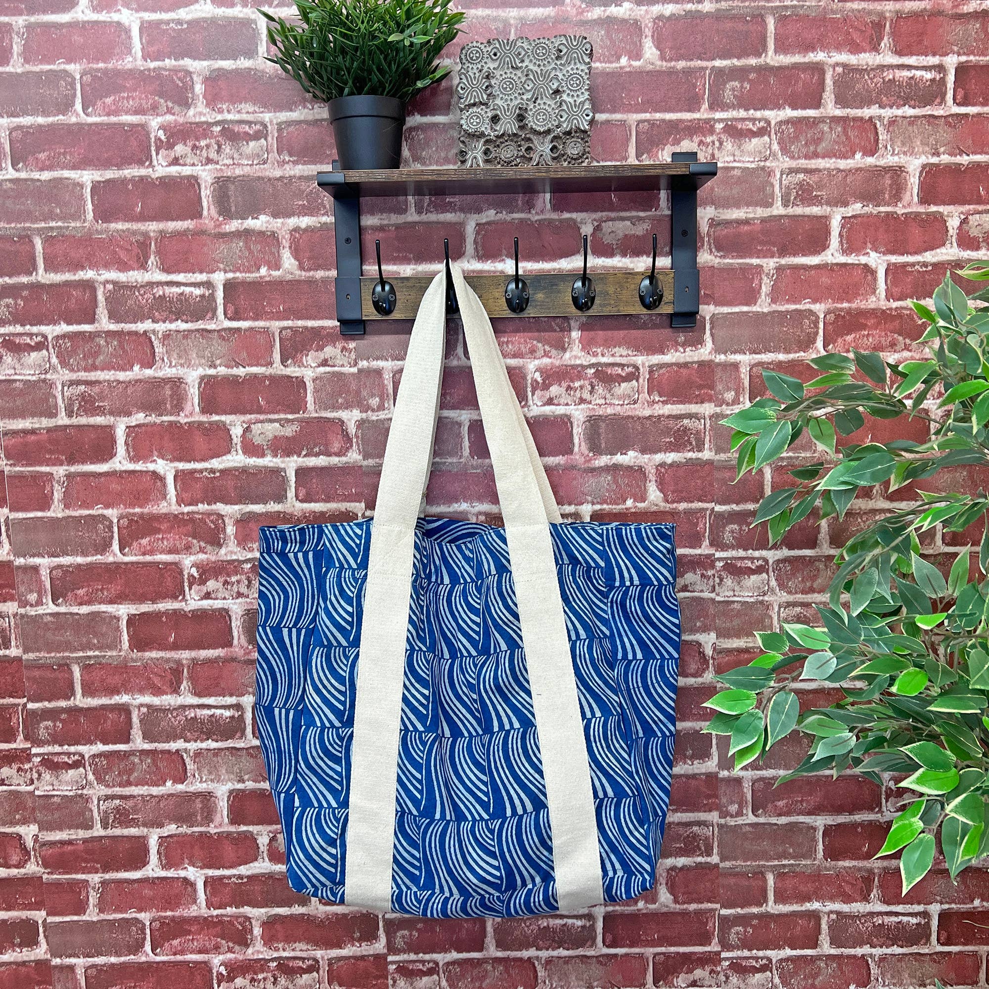 Handcrafted Canvas Bag with Block-Printed Ocean Waves