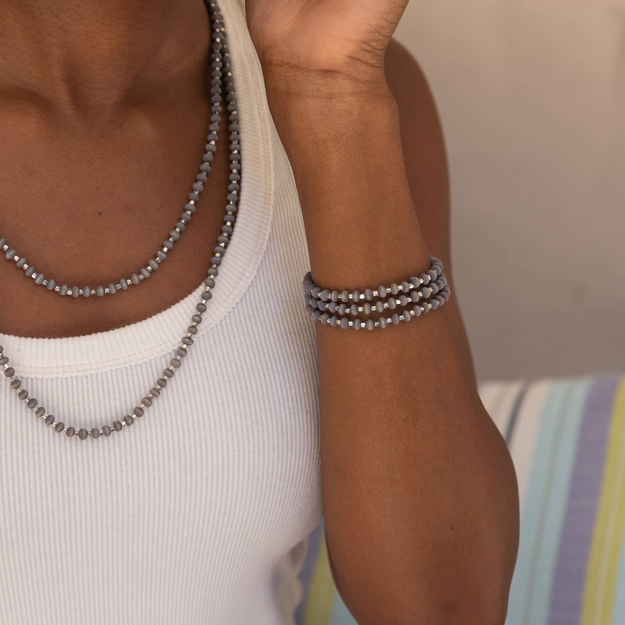 Sachi Wood Bead Wrap Bracelet - Grey
