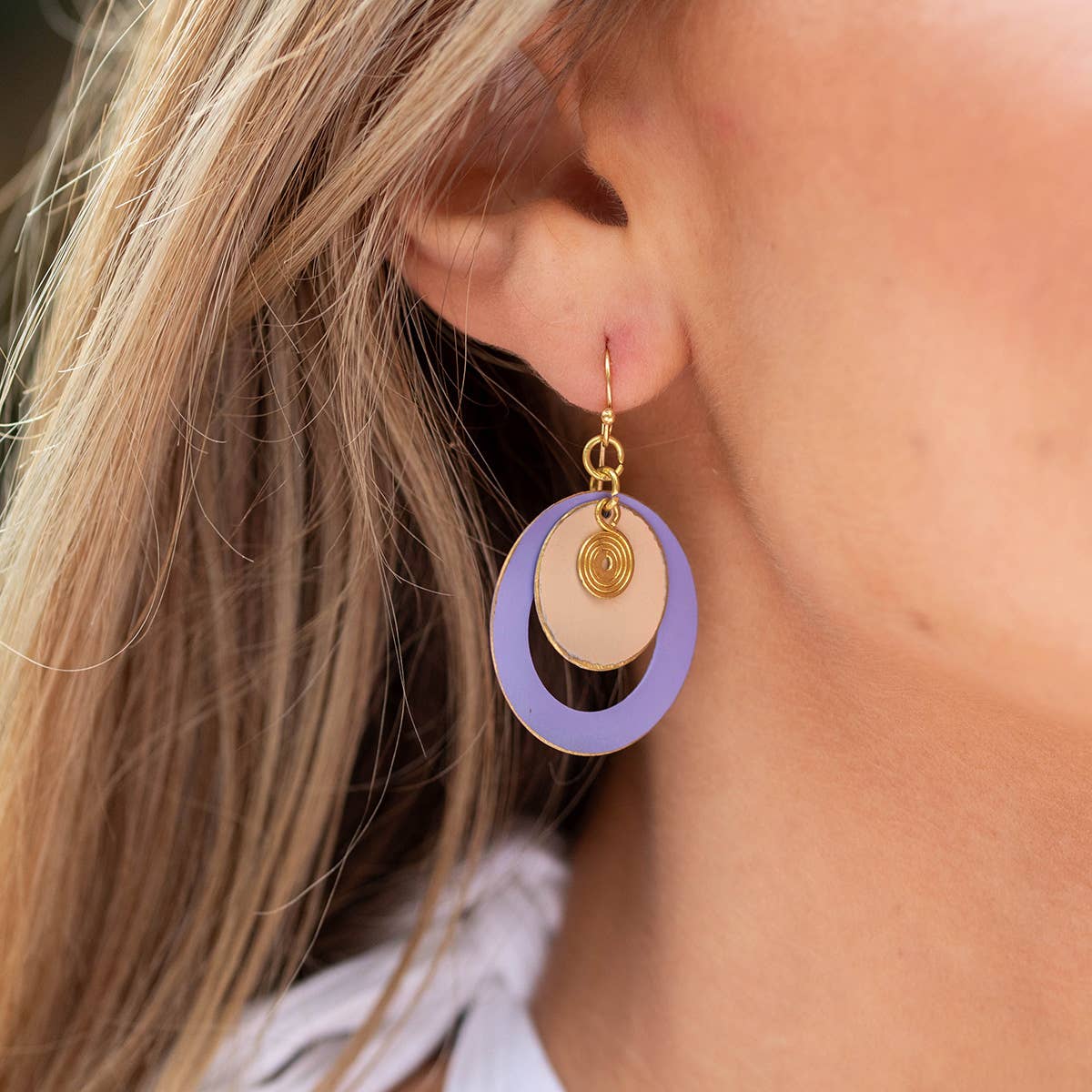 Brass Patina Earrings - Round Cut out Purple Layers