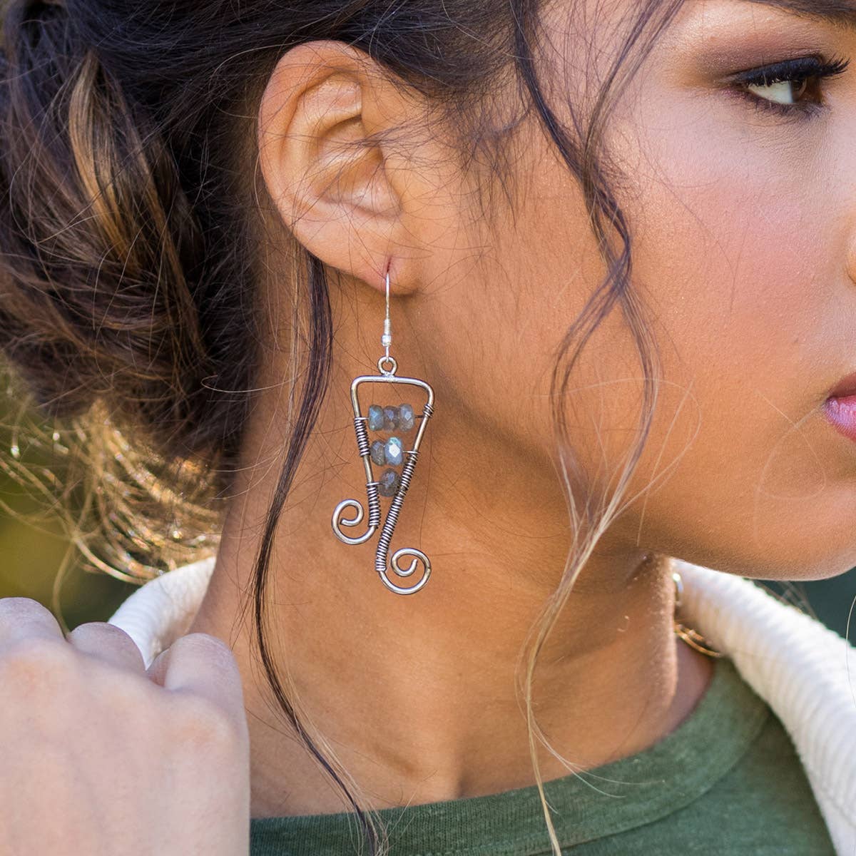 Wire-Wrapped Stone Earrings - Antique Silver, Labradorite