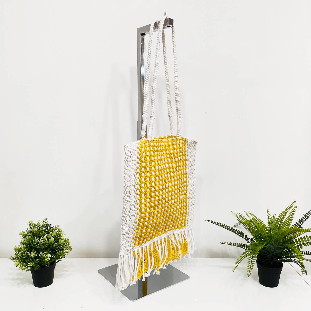 Millie Bag - Knitted Raffia Bag with fringes - Yellow