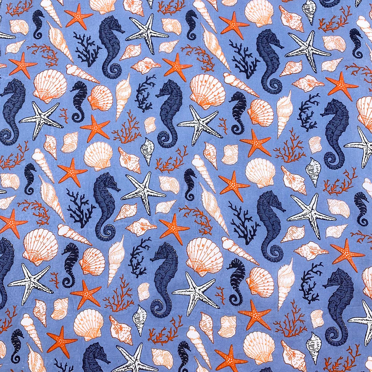 Block Printed Cotton Scarf - Seahorses, Shells, Coral Print