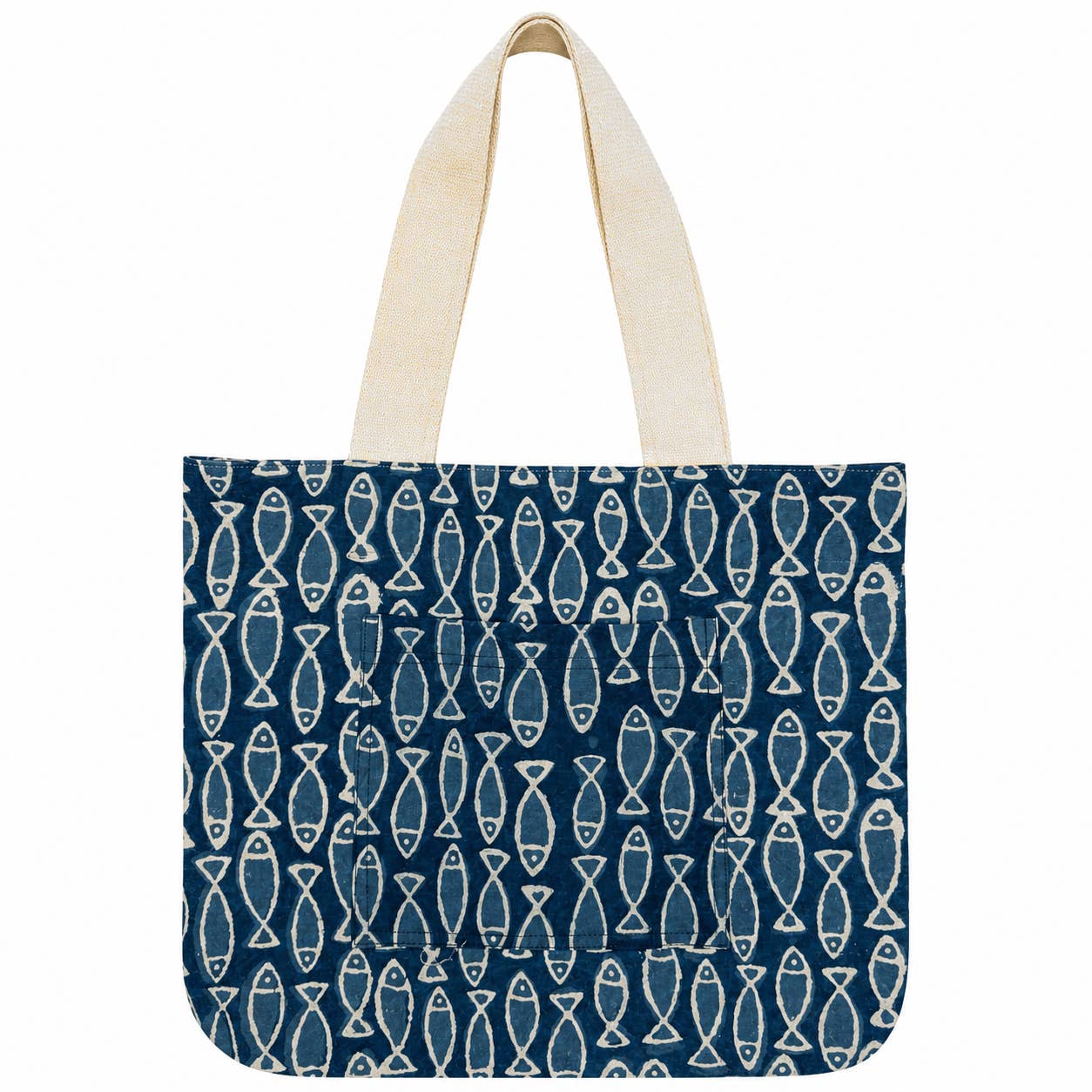 Handcrafted Block-Printed Canvas Pocket Tote Deep Blue Fish