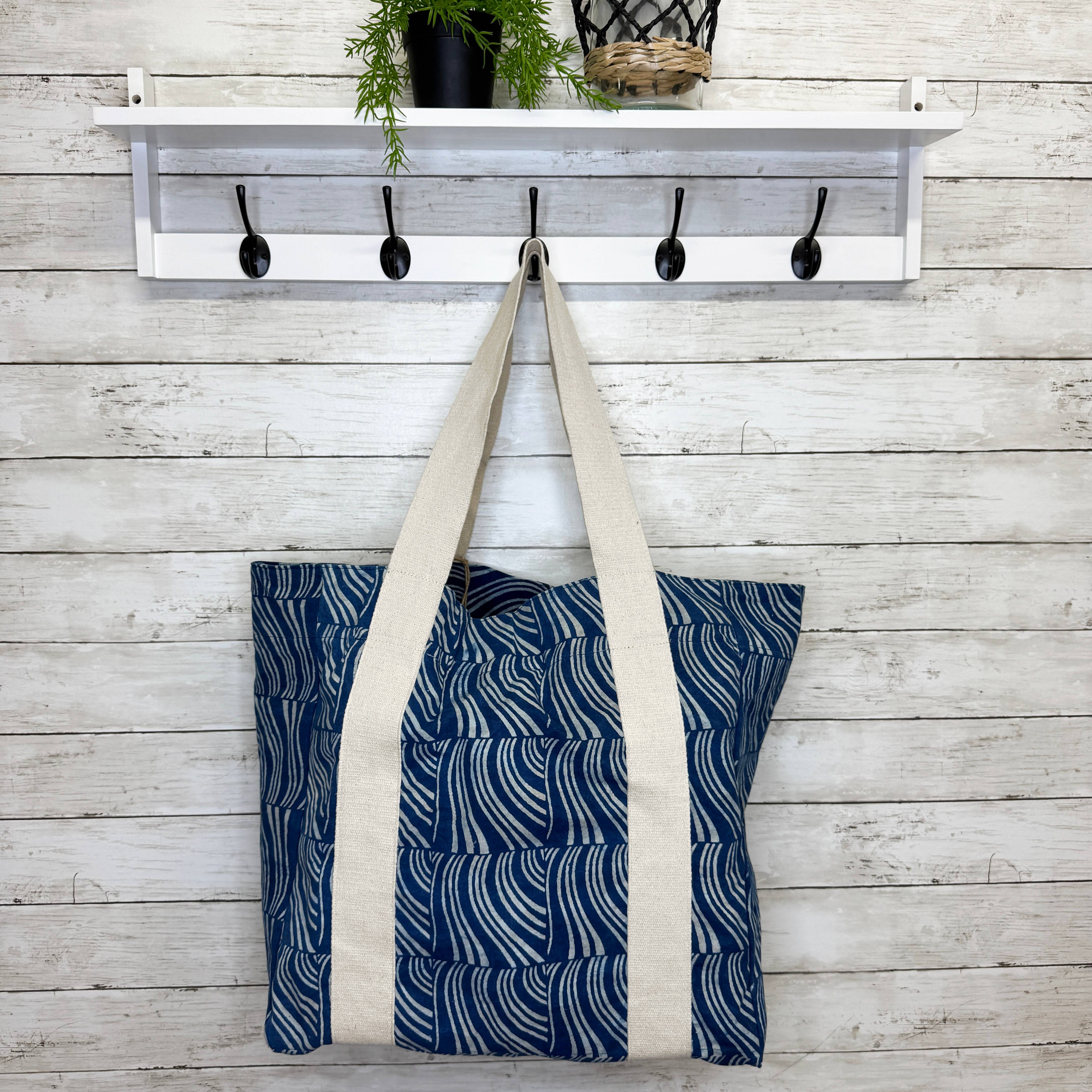 Handcrafted Canvas Bag with Block-Printed Ocean Waves