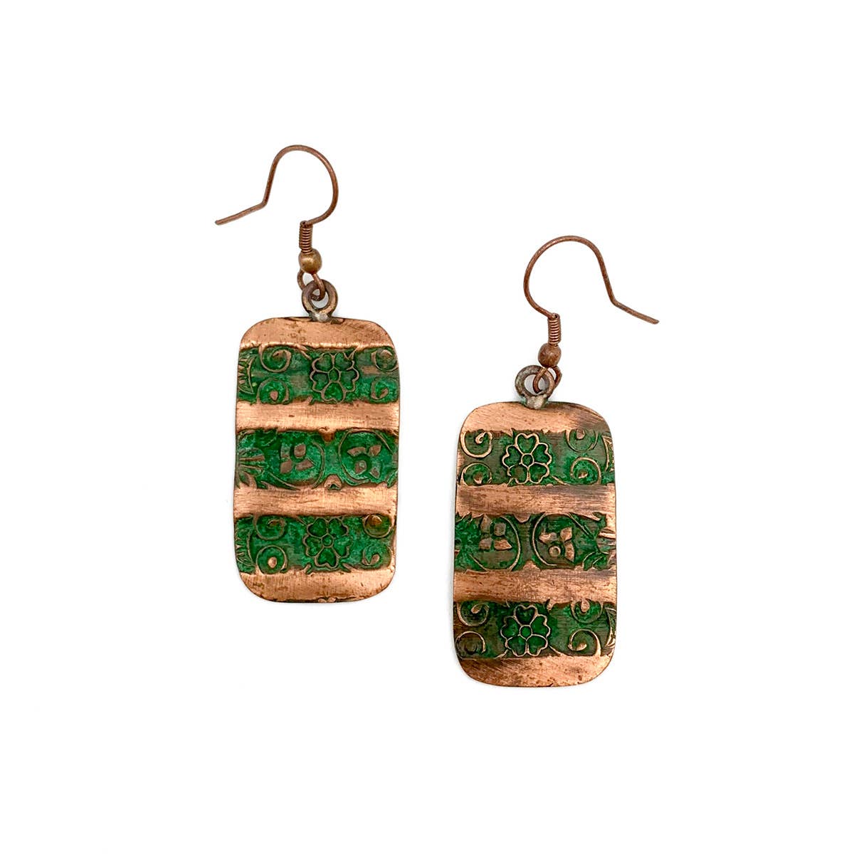 Copper Patina Earrings - Green Floral Striped Rectangles