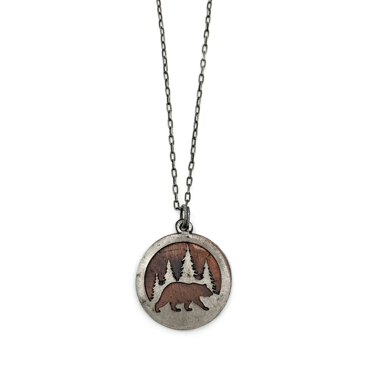 Pewter Necklace - Bear with Trees, Full Circle Cutout