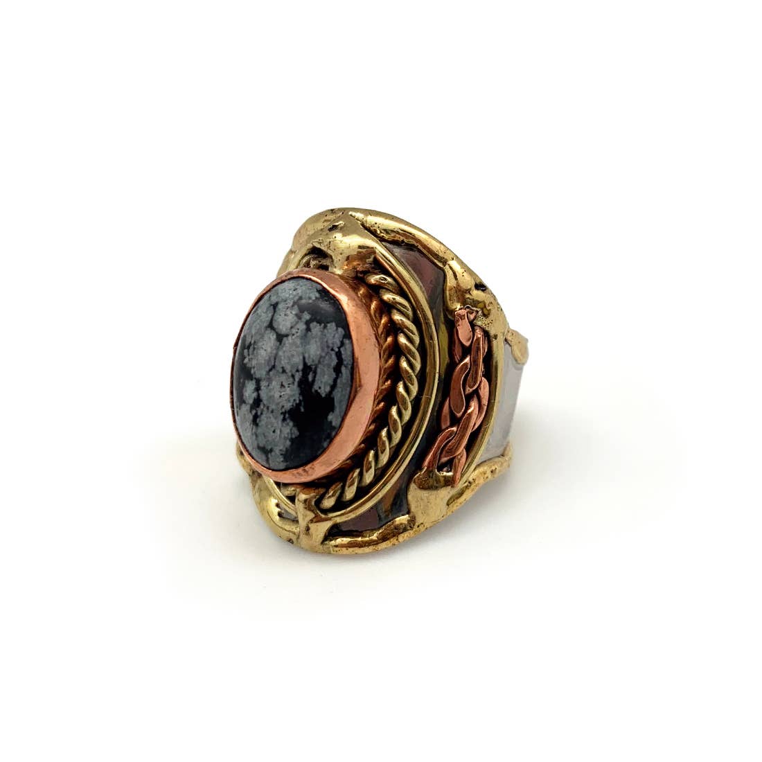 Mixed Metal and Snowflake Obsidian Stone Ring