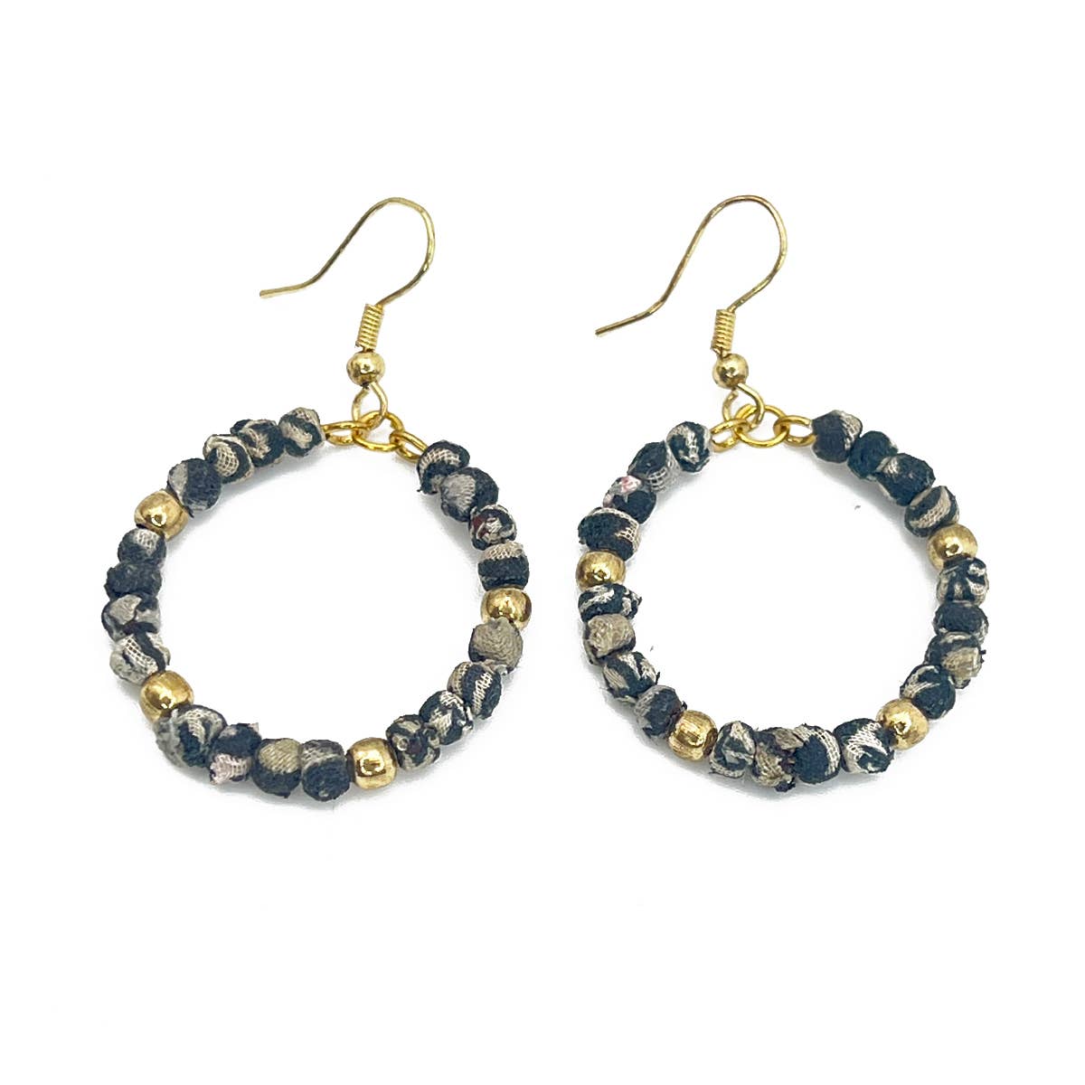 Aasha Monochrome Small Bead Hoop Kantha Handcrafted Earrings