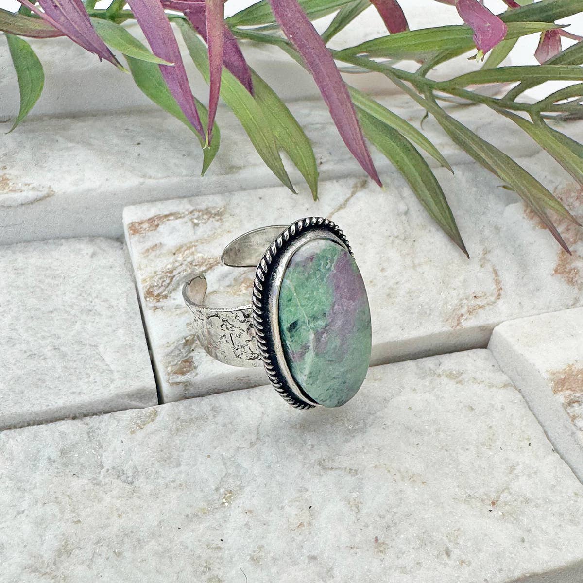 Handcrafted Kashi Semiprecious Stone Ring - Ruby Zoisite