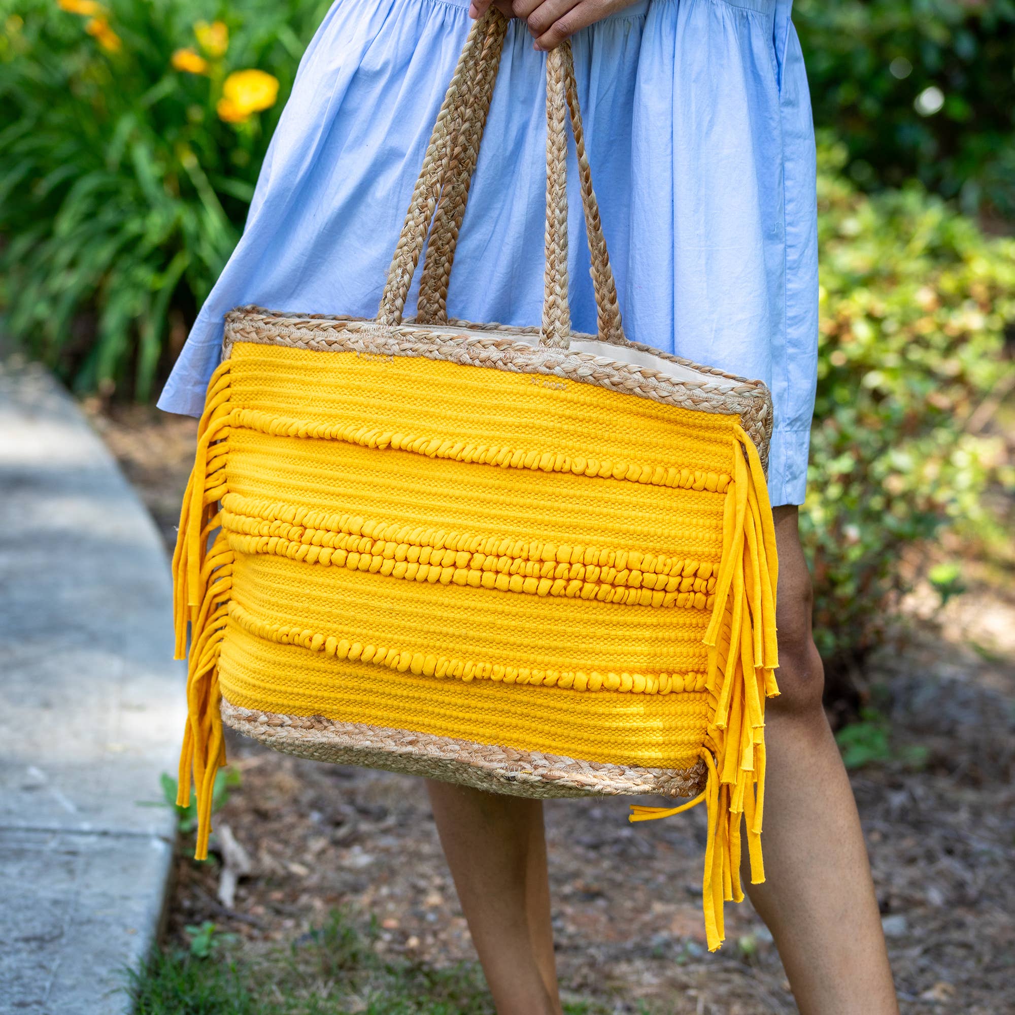 Nora Tote - Jute and Yellow Cotton Tote with Fringes