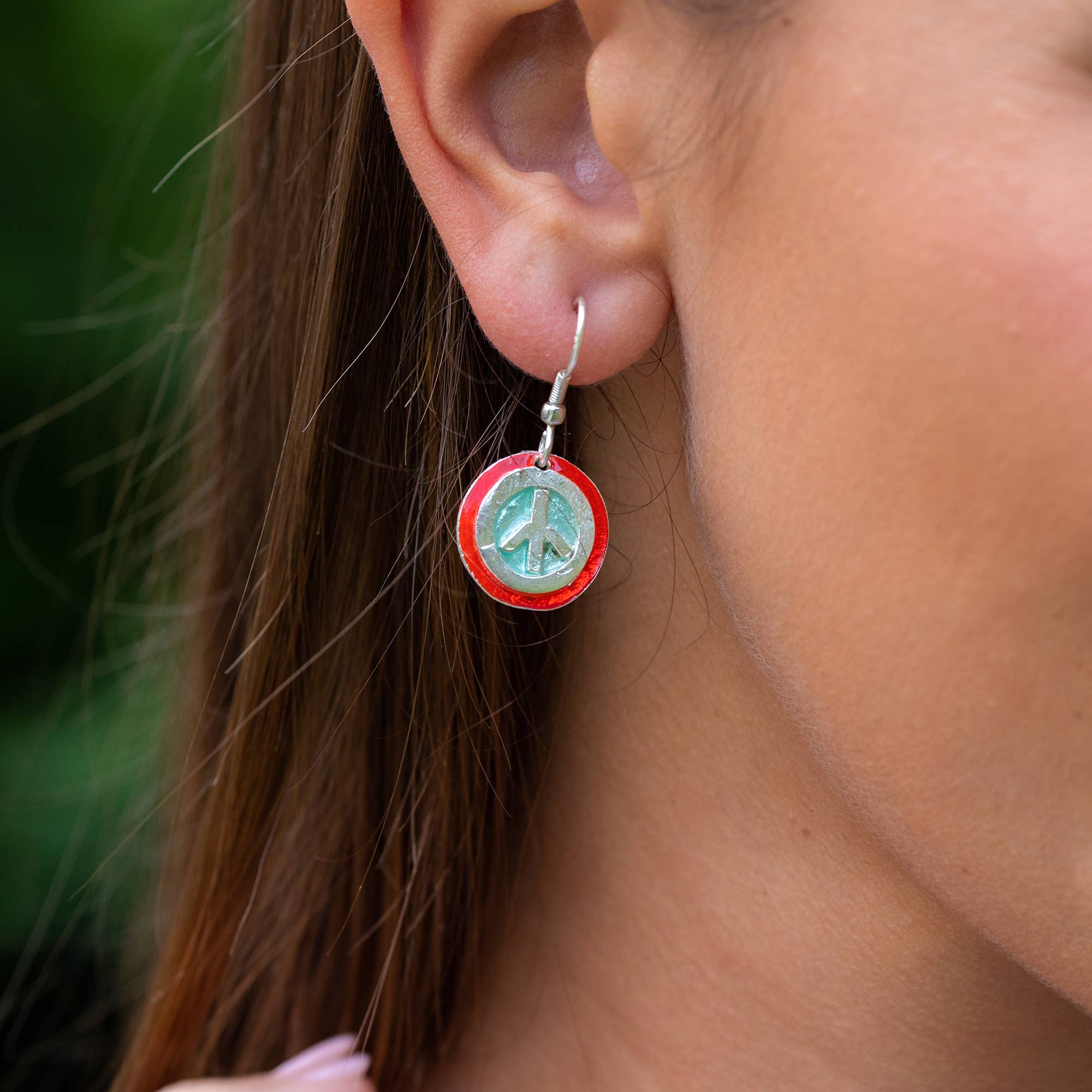 Pewter Earrings with Color Enamel - Red/Aqua Peace Sign