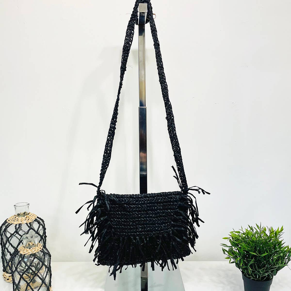Rhea Bag - Raffia Fringe Envelope Crossbody Bag - Black