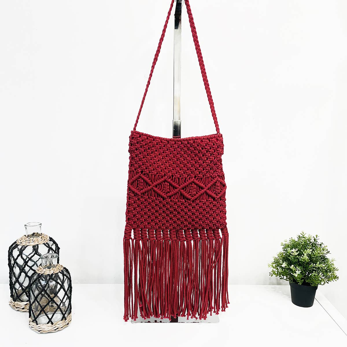 Josie Bag - Cotton macrame sling bag with fringes - Rust