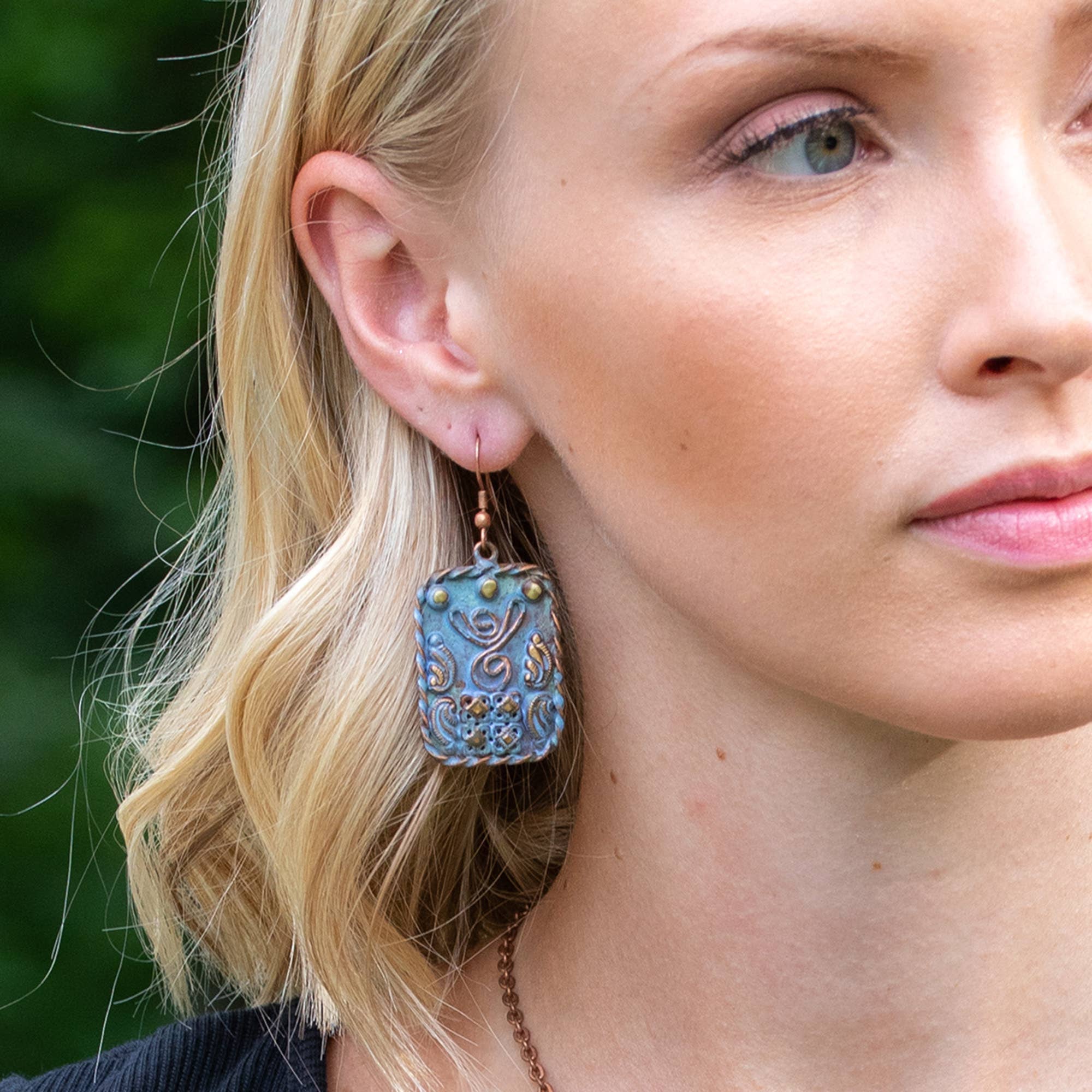 Copper Patina Earrings - Filigree Shapes in Blue Rectangle