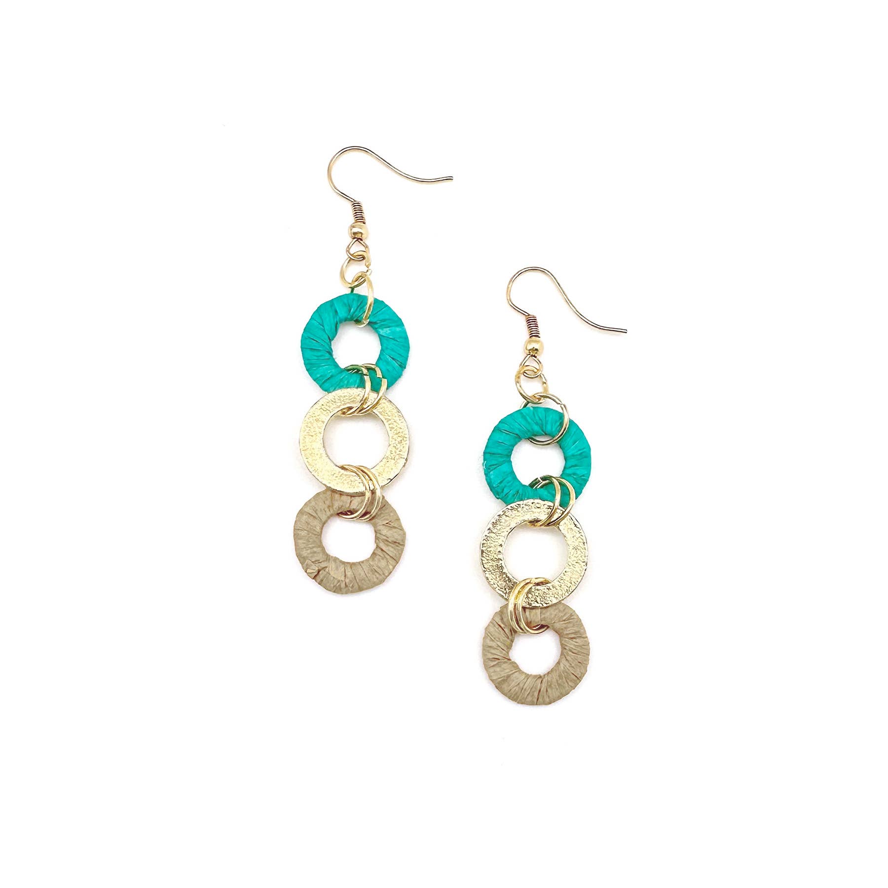 Sachi Raffia Rings Earrings - Teal and Beige Small Rings