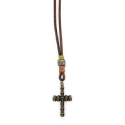 Aadi Brass Cross of Skulls Brown Leather Men's Necklace