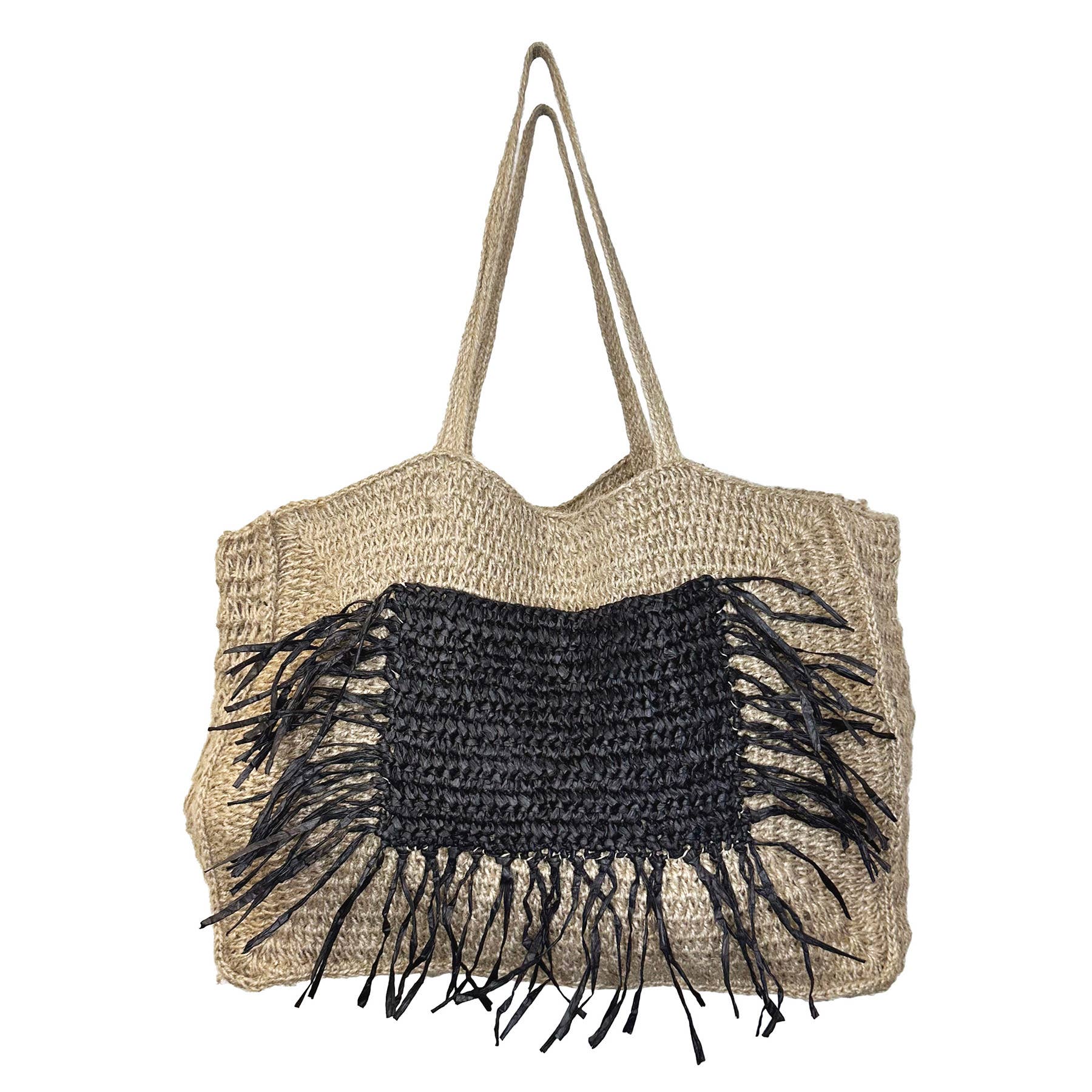 Lana Woven Jute Bag with Color Raffia Pocket- Black