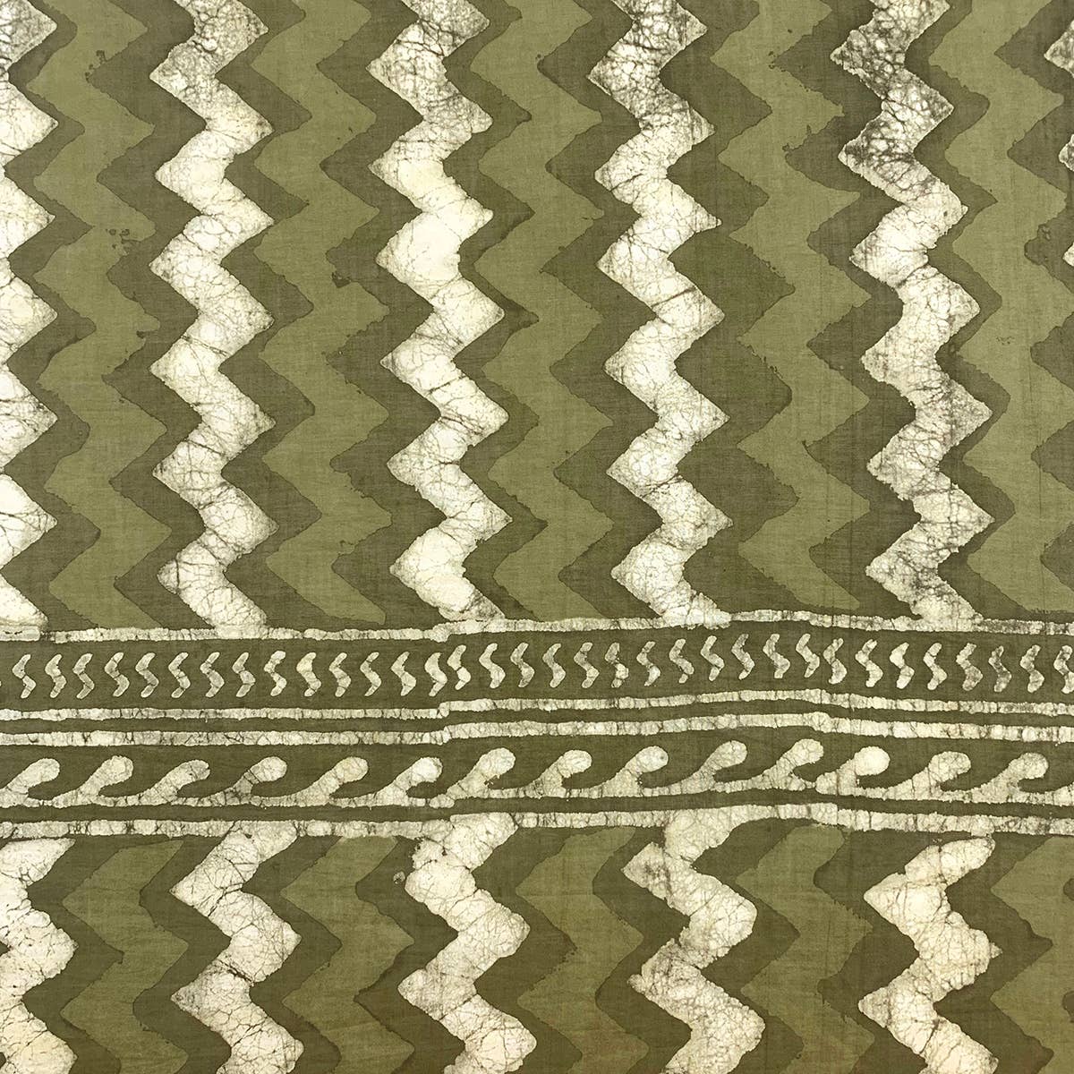 Block Printed Cotton Scarf - Olive Green and Ivory Chevrons