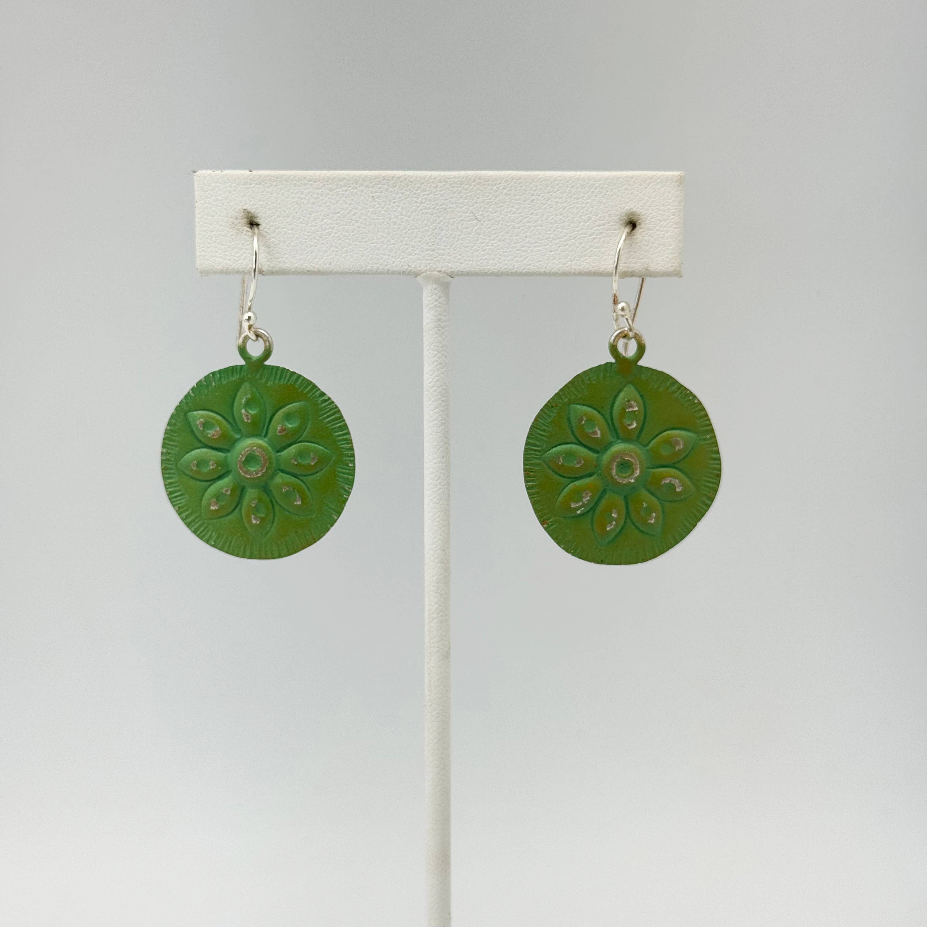 Handcrafted Silver Patina Green Floral Earrings