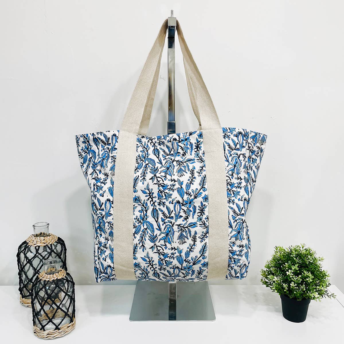Handcrafted Canvas Bag with Block-Printed Azure Canopy