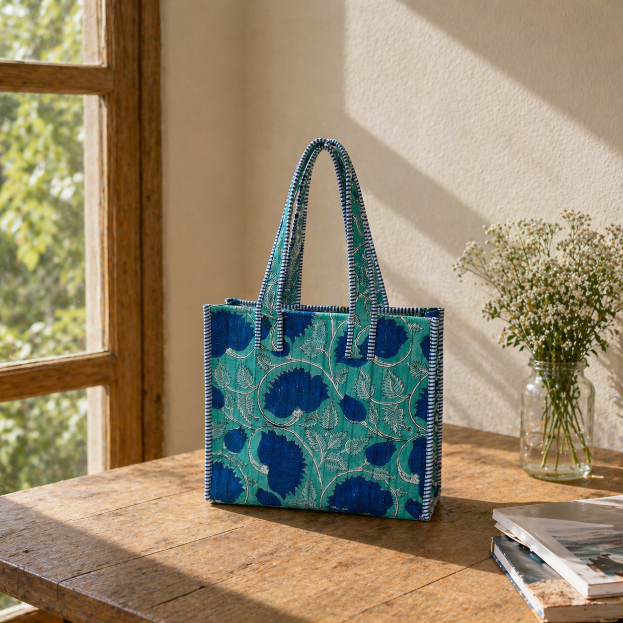 Turquoise Bloom Block-Printed Quilted Mini Tote