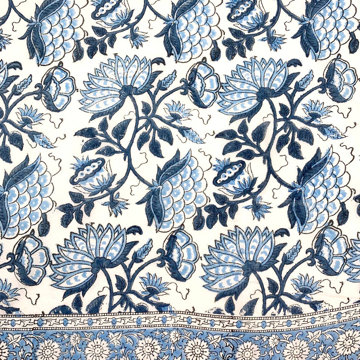 Block Printed Cotton Scarf - Blue and White Large Floral
