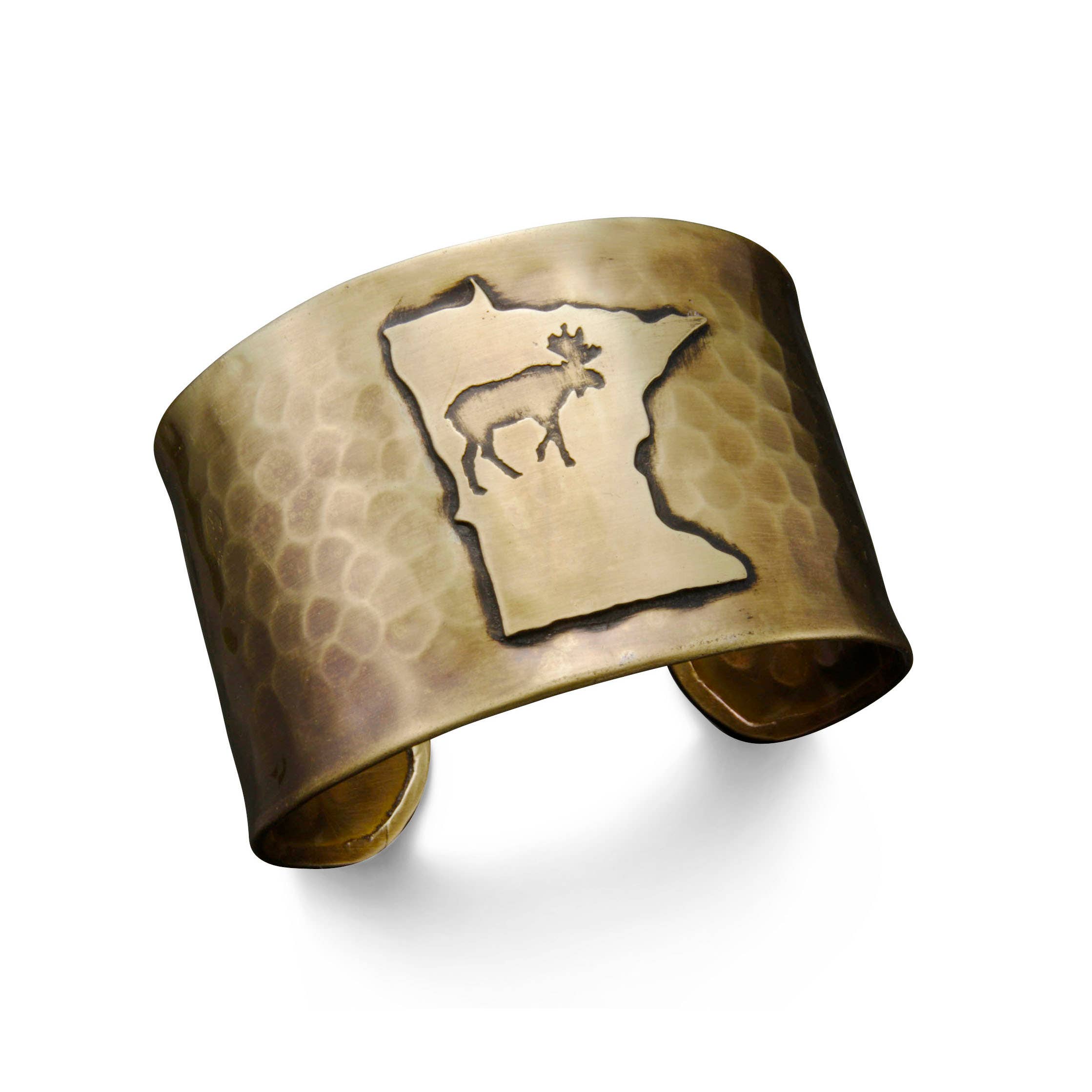 Antique Brass Adjustable Cuff Bracelet - Minnesota w/ Moose