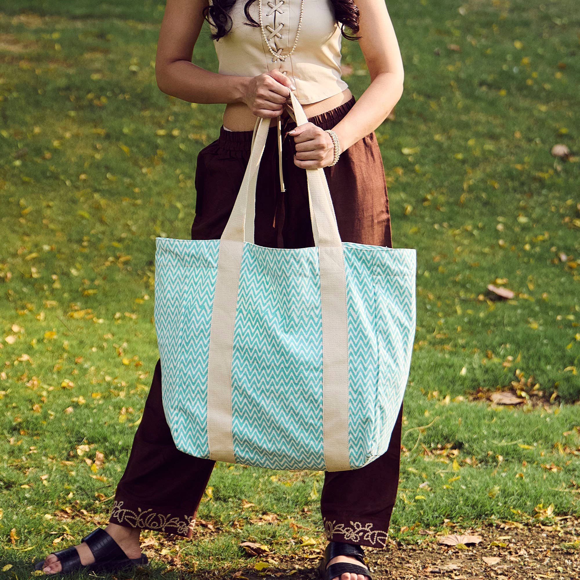 Handcrafted Canvas Bag with Block-Printed Aqua Zigzag