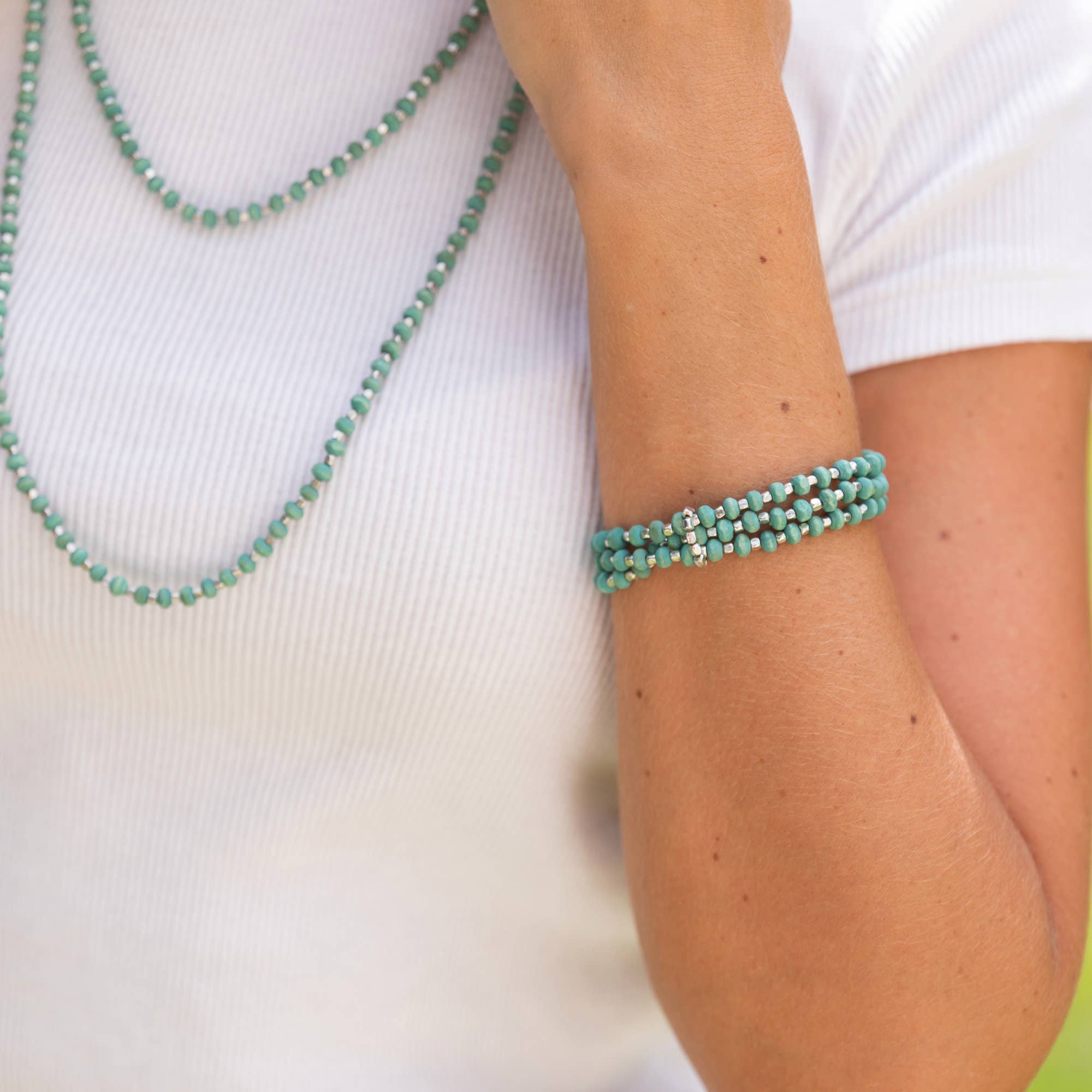 Sachi Wood Bead Wrap Bracelet - Sea Green