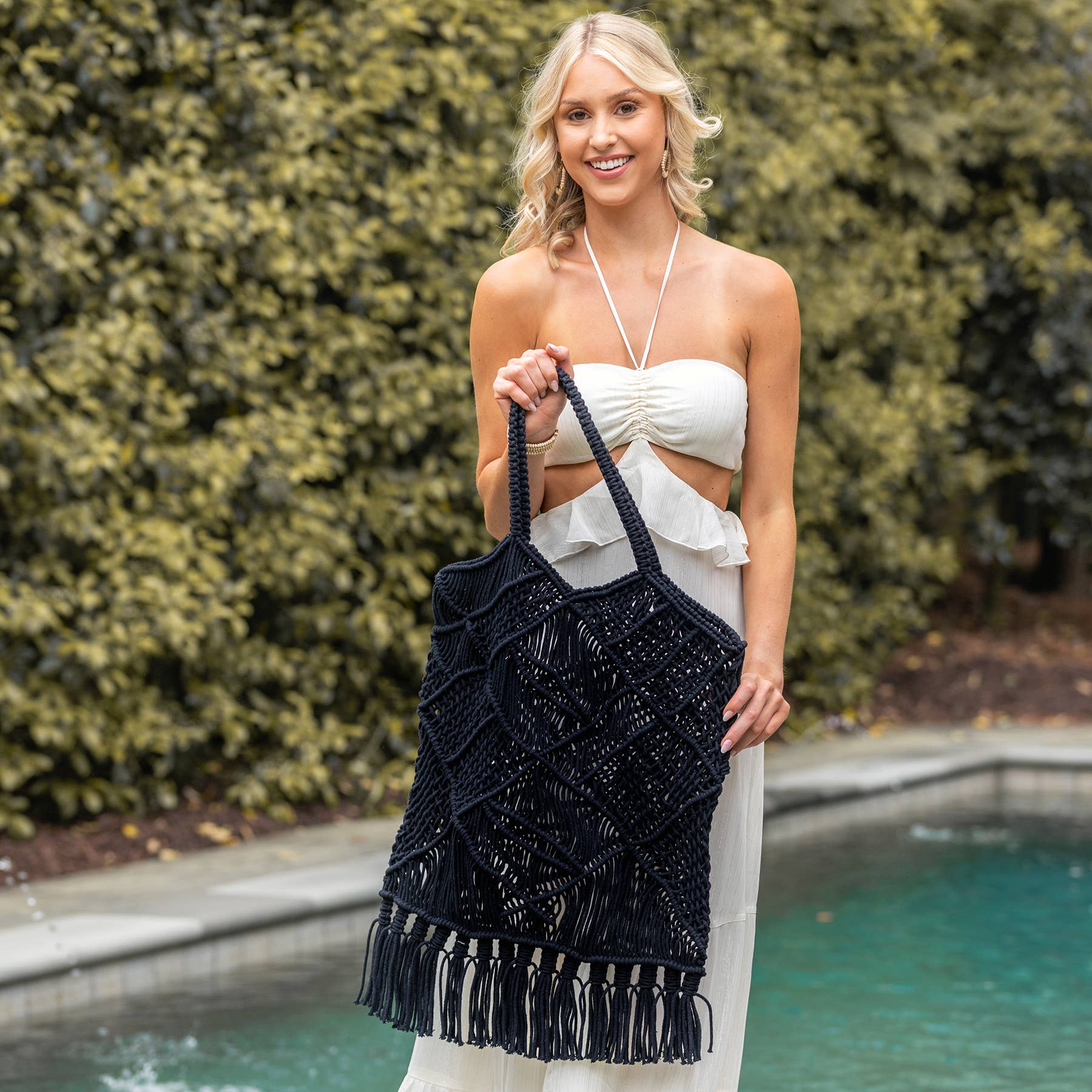 Adira Woven Cotton Macrame Large Fringe Bags - Black