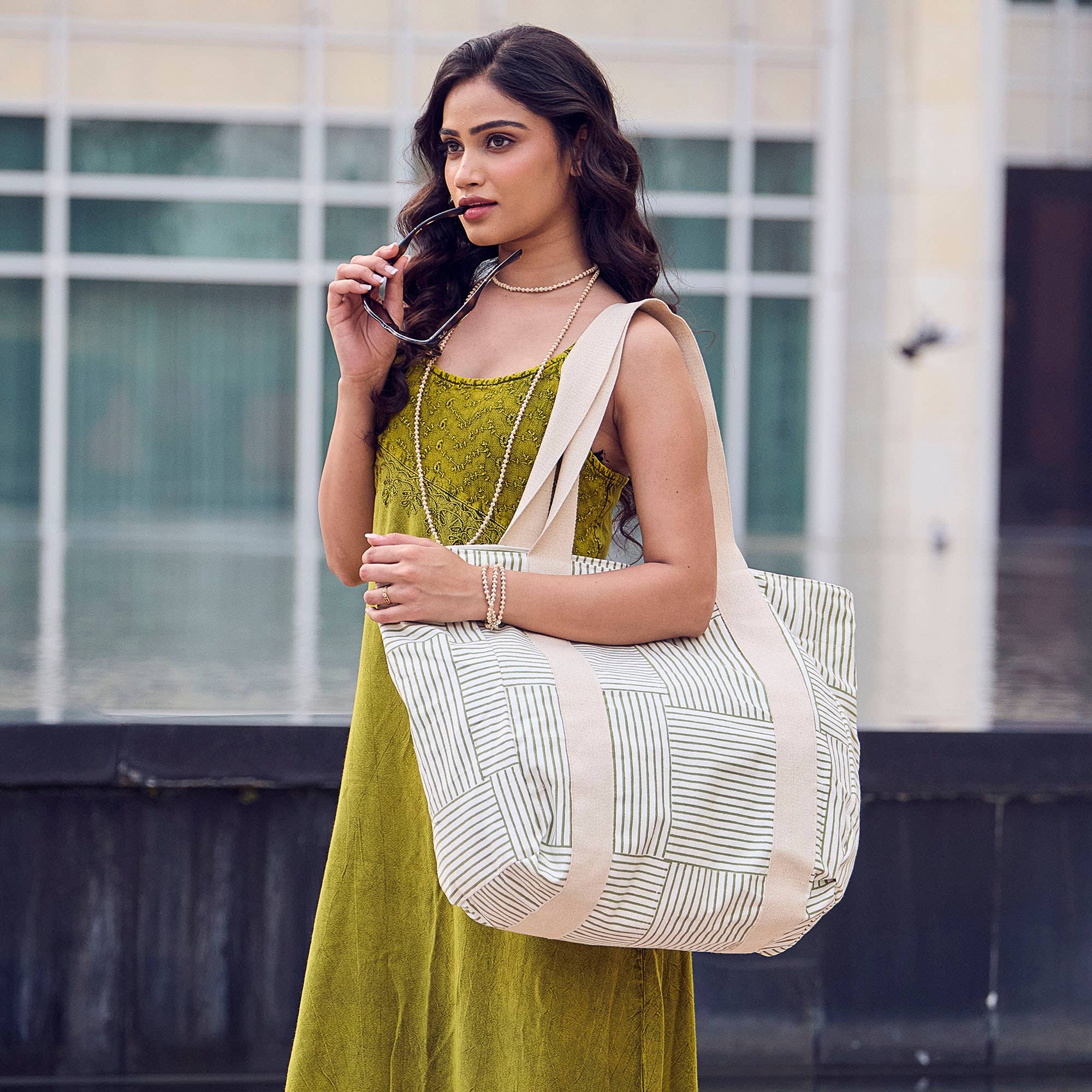 Handcrafted Canvas Bag with Block-Printed Olive Stripes