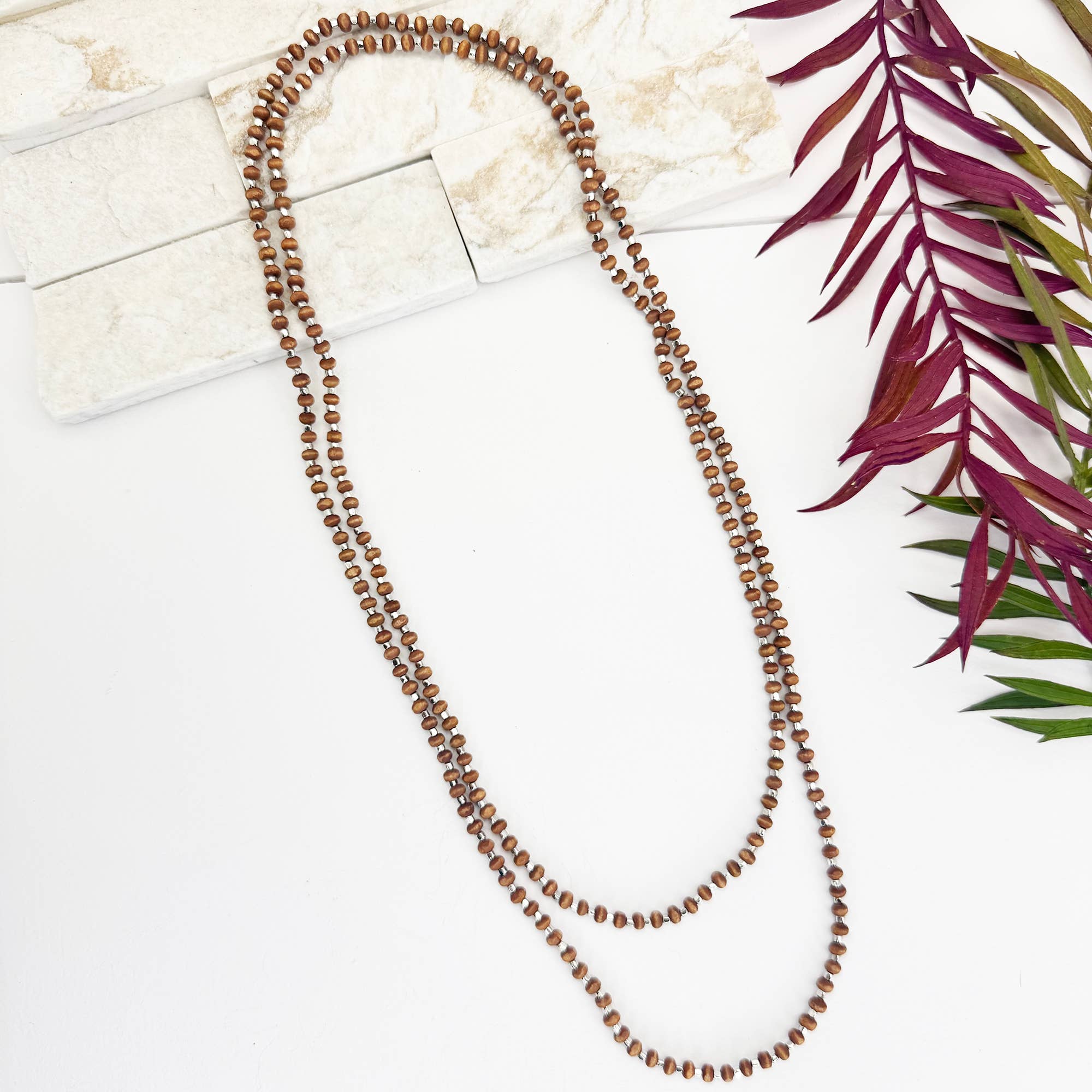 Sachi Long Wood Bead Necklace - Brown