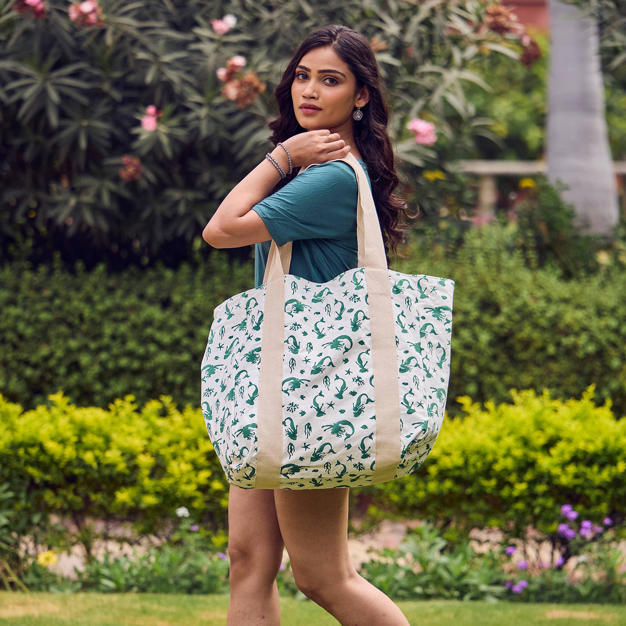Block Printed Canvas Tote - Teal Mermaids
