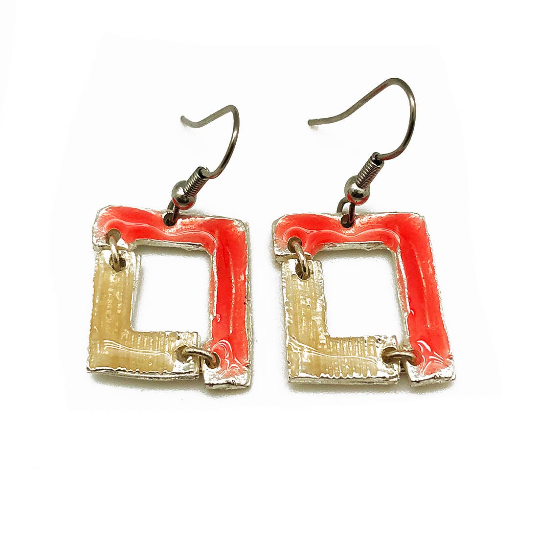 Pewter Earrings with Color Enamel - Coral/Pearl