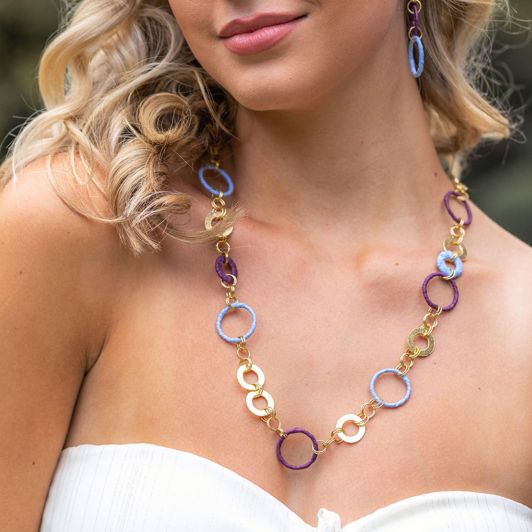 Sachi Raffia Rings Necklace - Purple Large and Small Rings