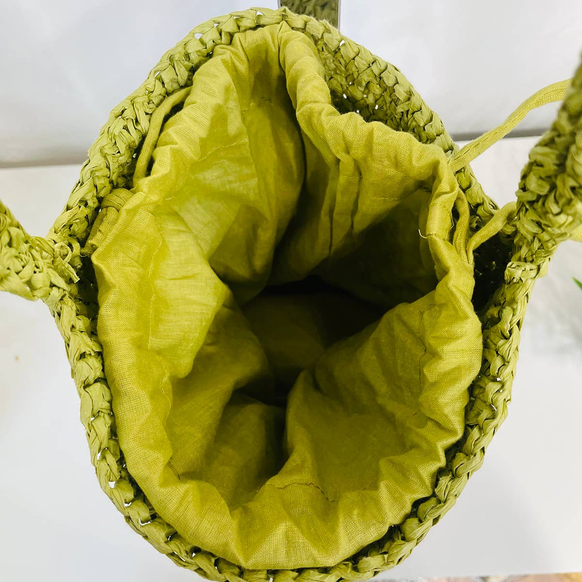 Sylvie Bag - Raffia Bucket Bag with Rhinestones - Sage Green