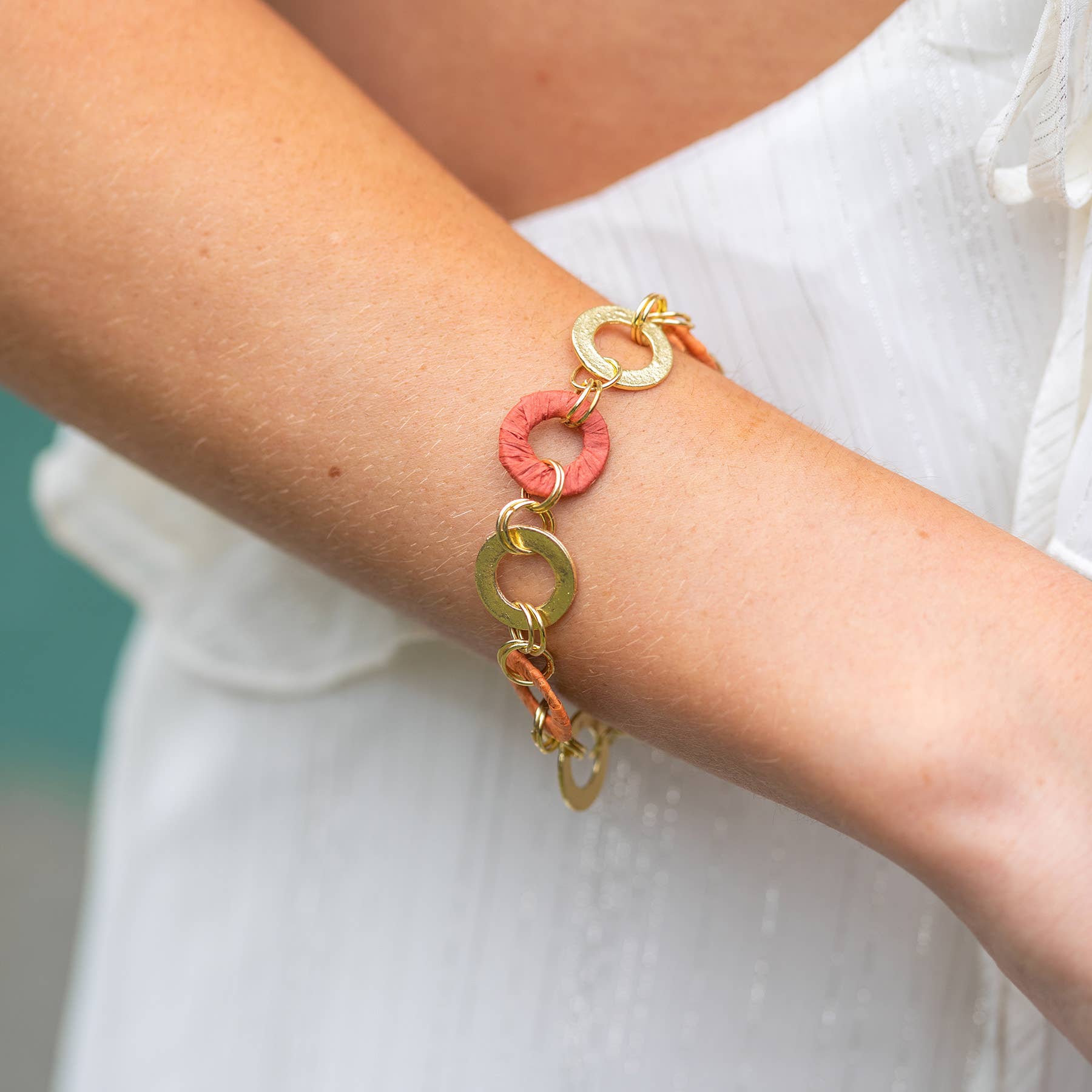 Sachi Raffia Rings Bracelet - Rust and Orange Small Rings