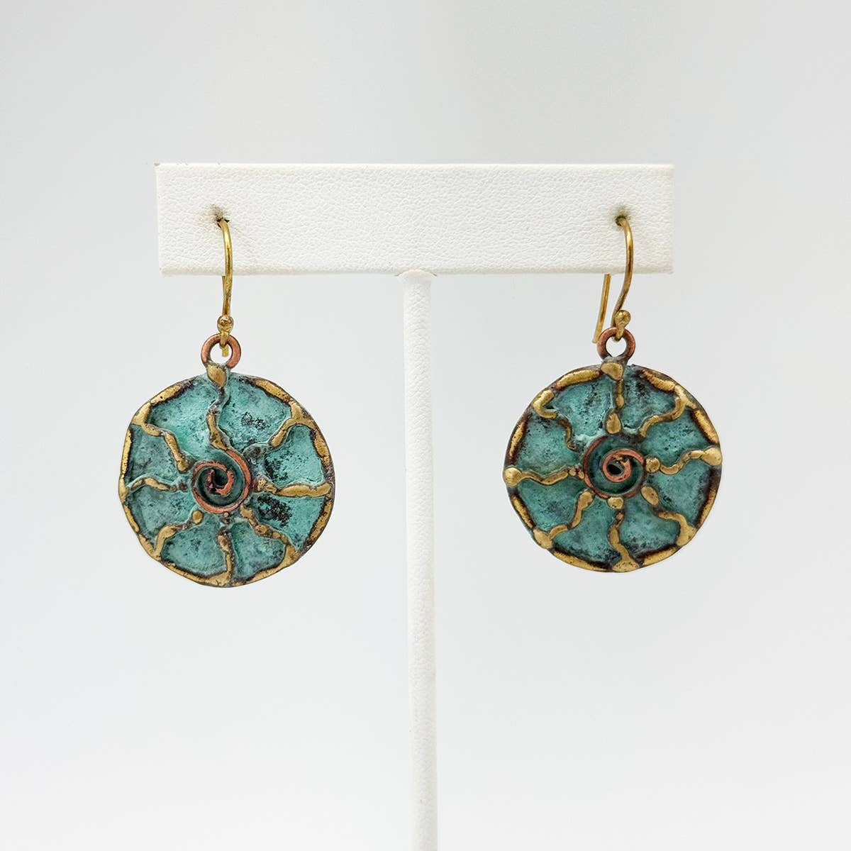Handcrafted Verdigris Spiral Sun Brass Patina Earrings