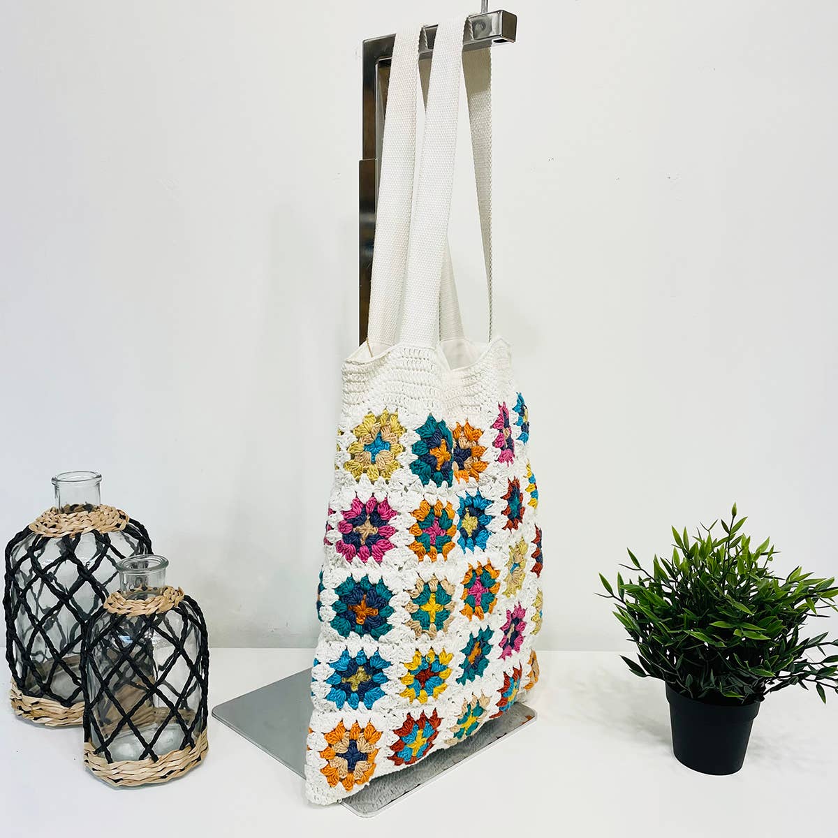 Laya White Cotton Crochet Tote Bags