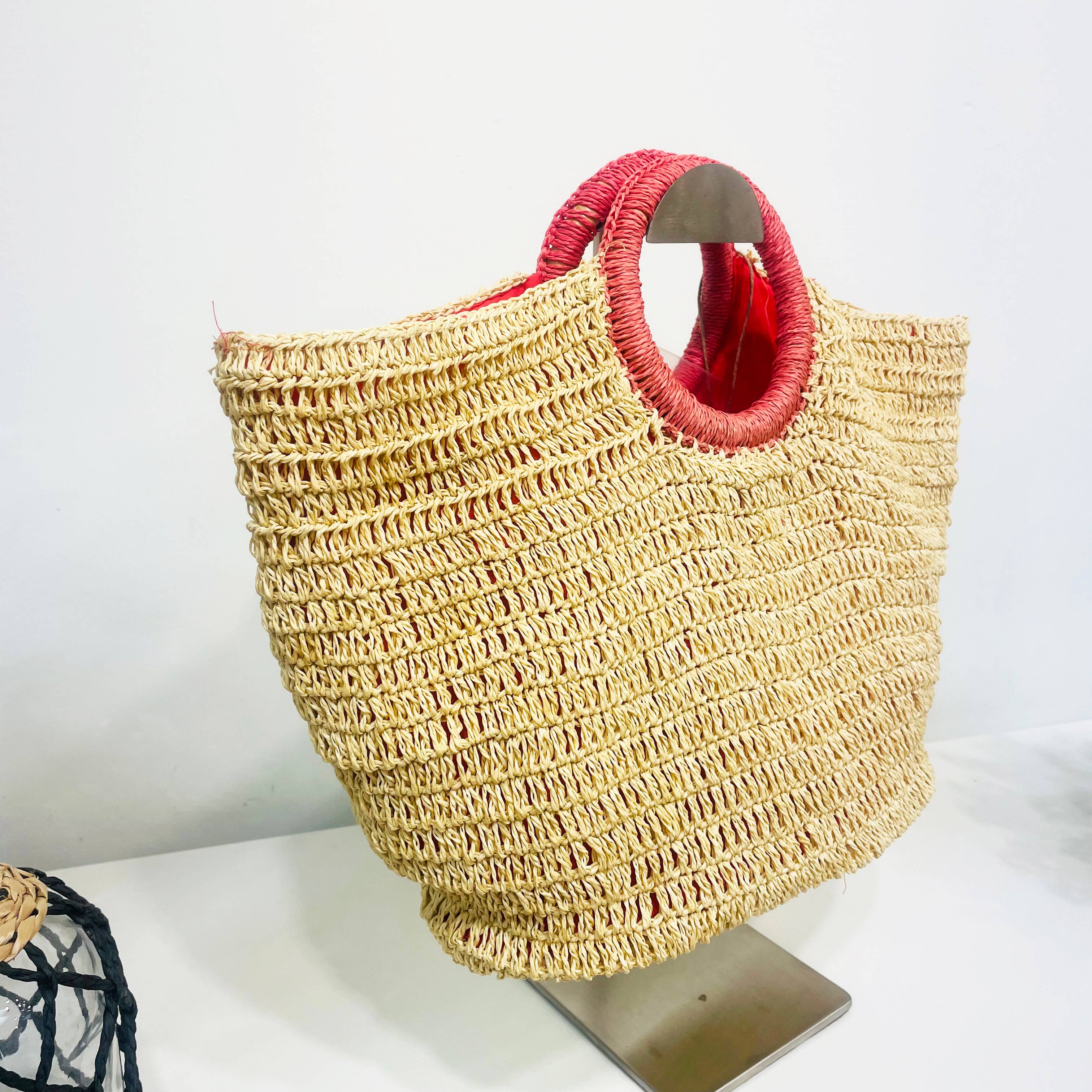 Cali Basket Raffia Bag with Colorful Wrapped Wooden Handle - Pink