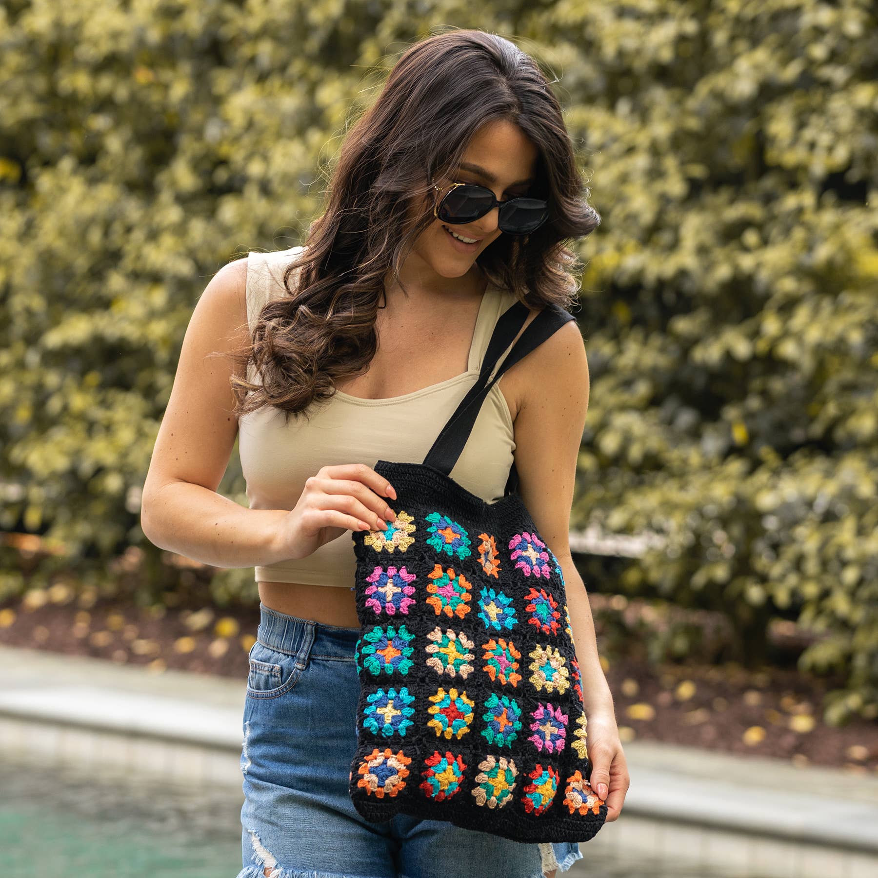 Laya Black Cotton Crochet Tote Bags