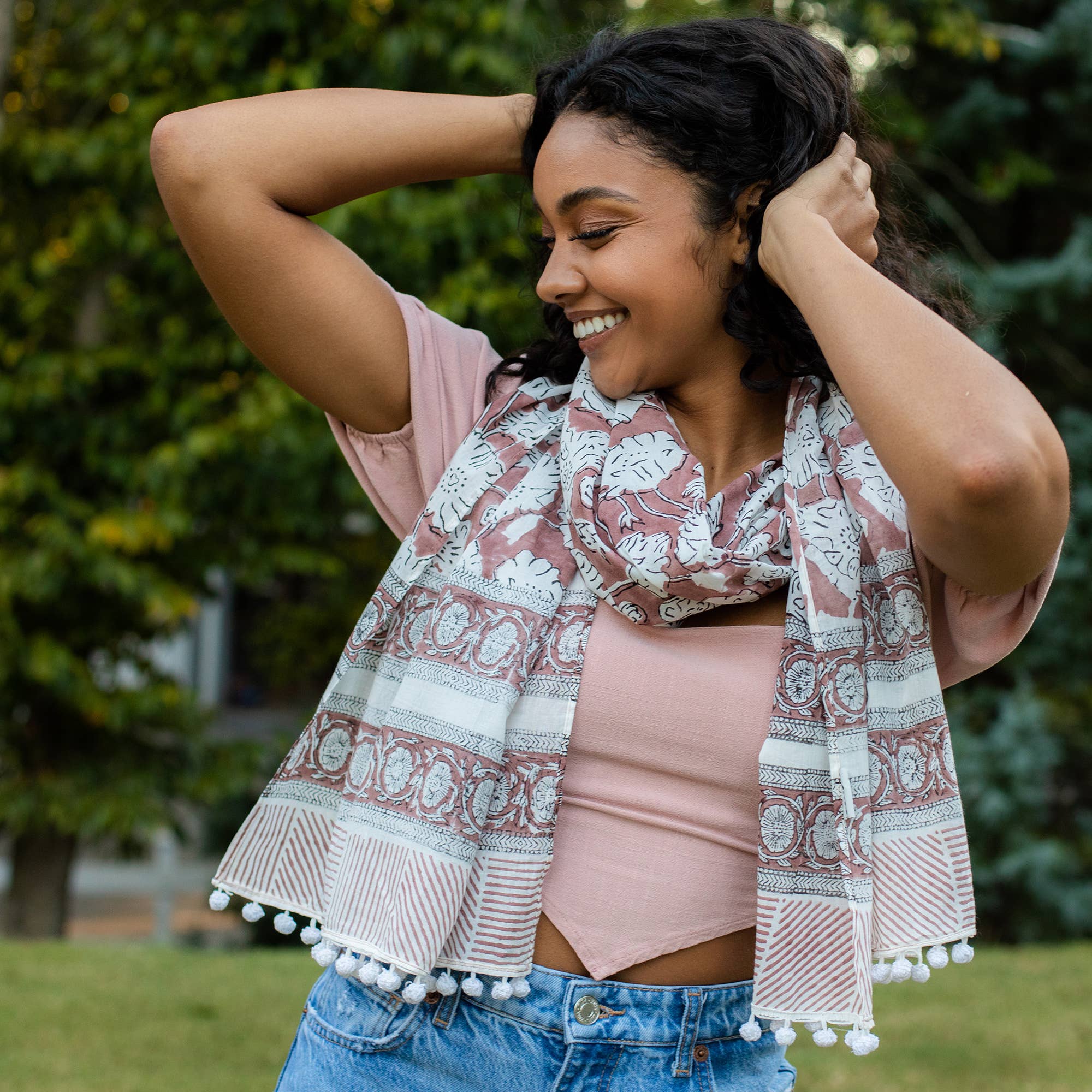 Block Printed Cotton Scarf - Taupe and White Abstract Floral