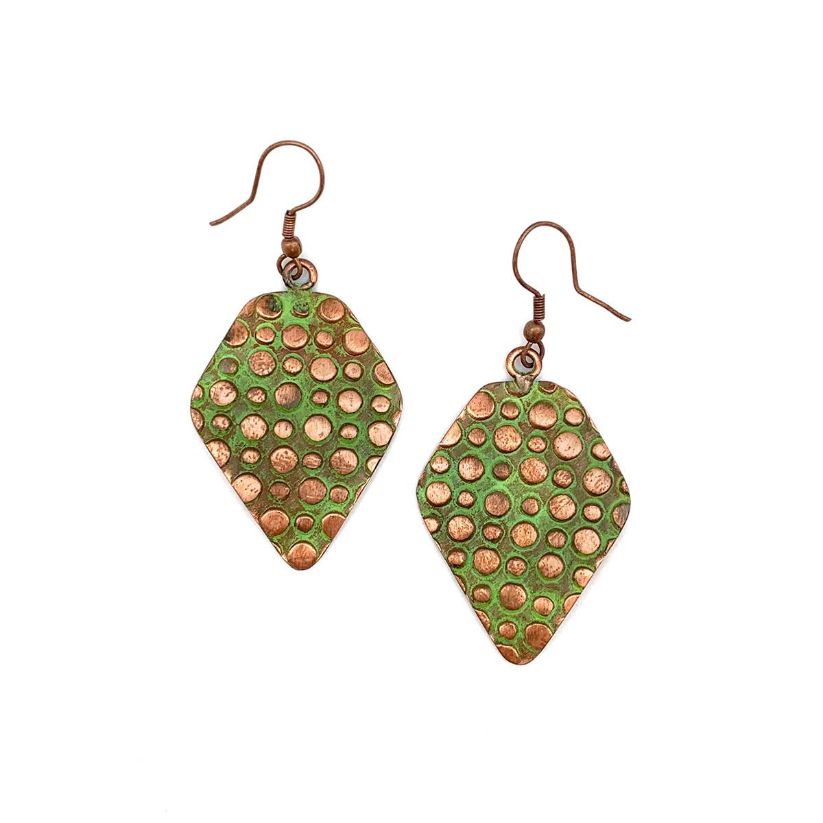 Copper Patina Earrings - Light Green Circle Print
