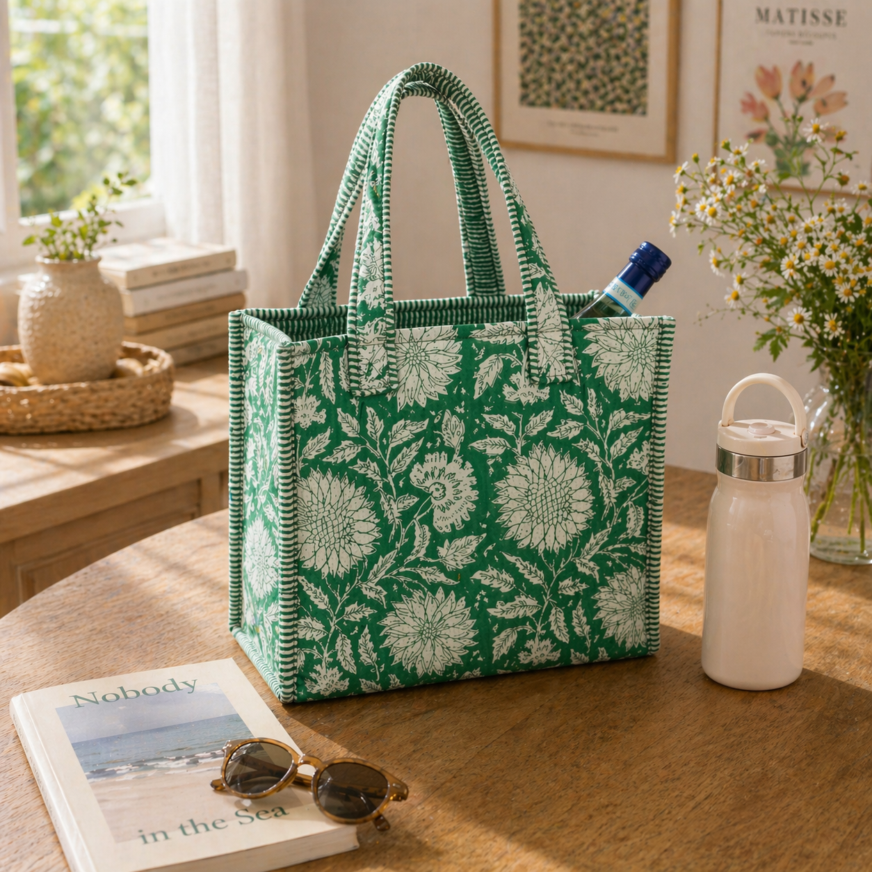 Teal Dan Block-Printed Quilted Mini Tote