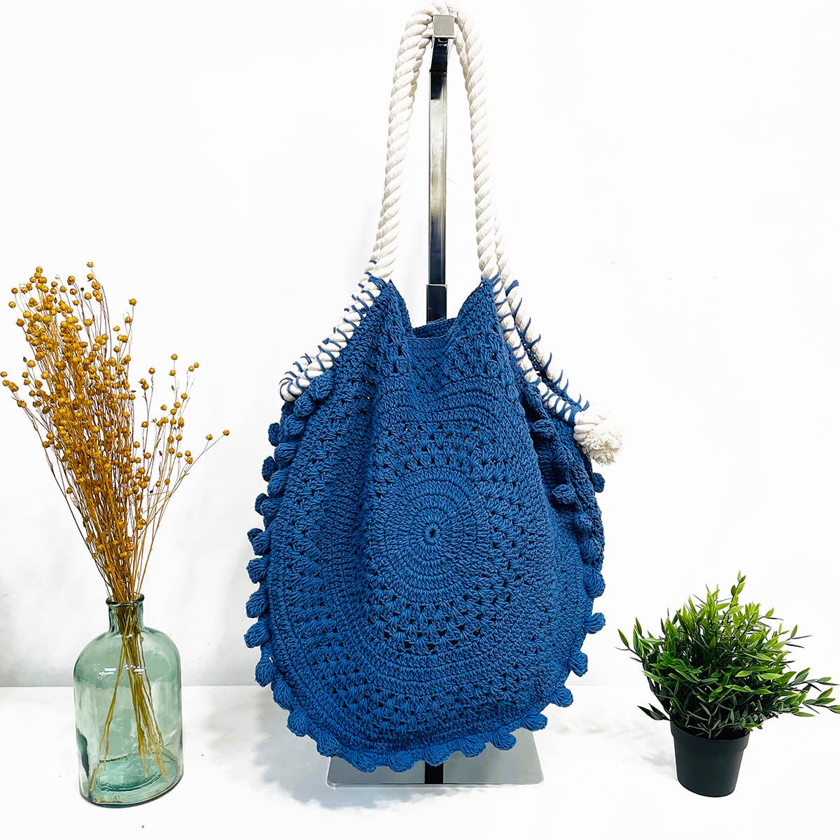 Nina Bag - Knitted Cotton Bag with Rope Handles - Blue