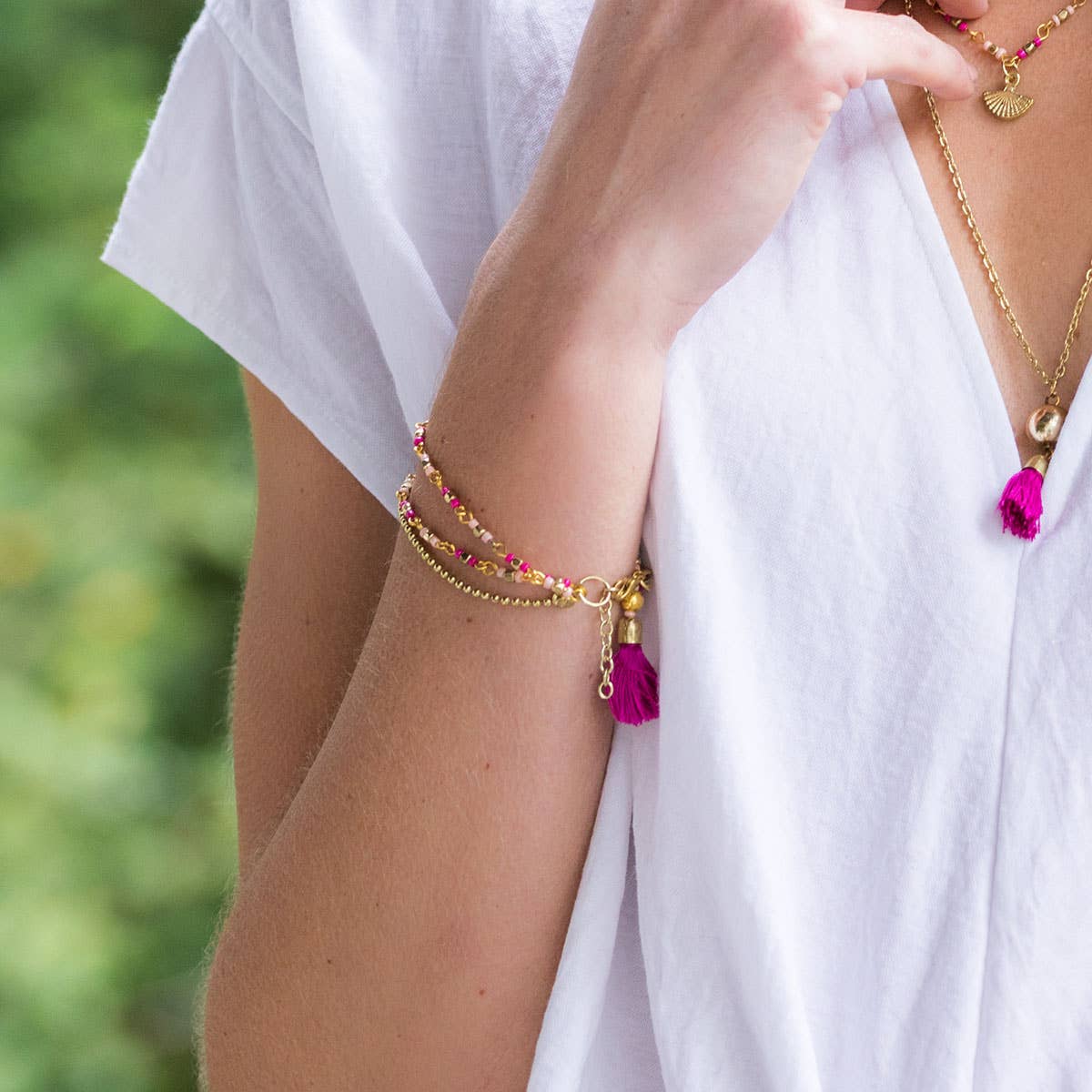 Sachi Cerise Collection Bracelet - Beaded Layers & Tassel